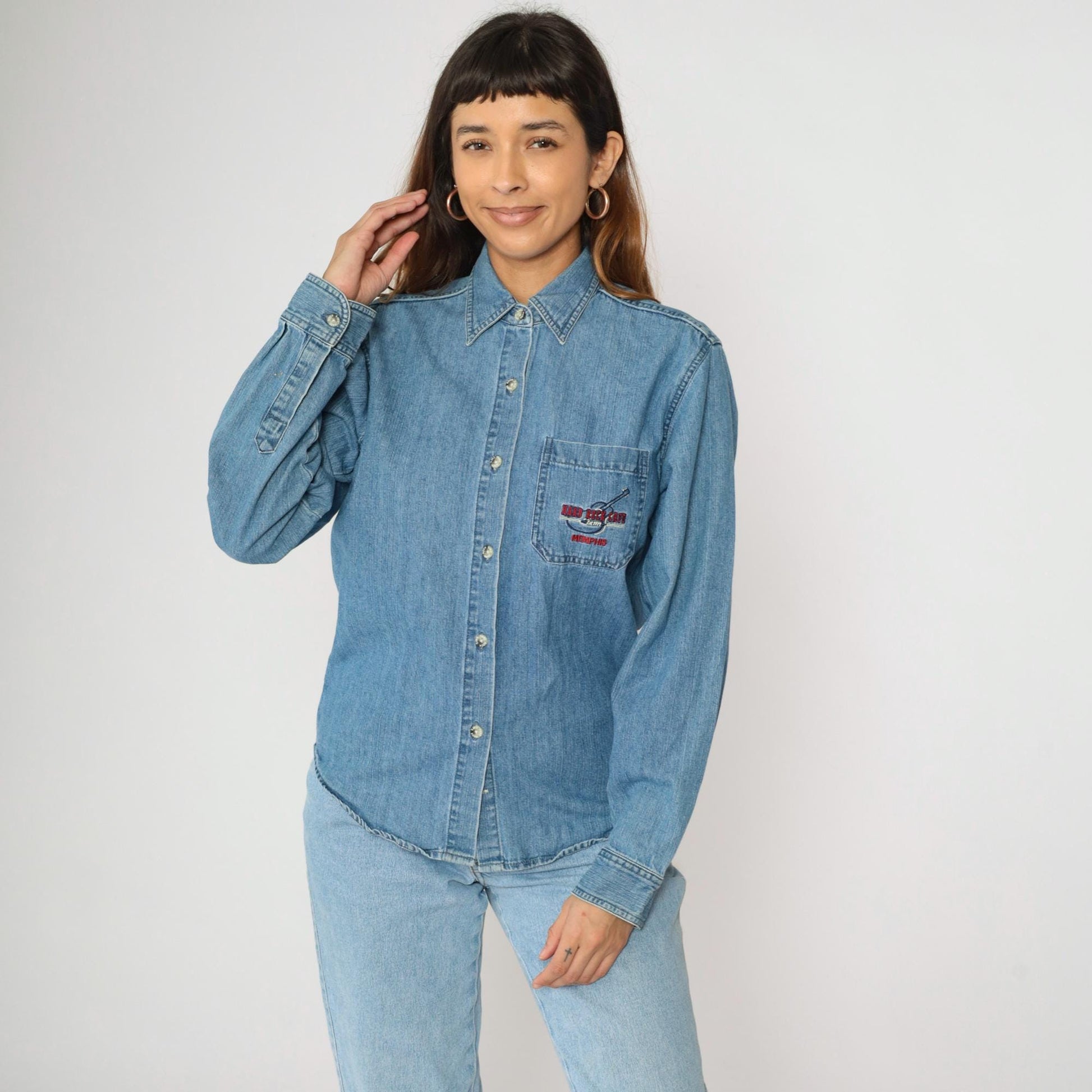 00s Hard Rock Cafe Memphis Denim Button-Up Shirt Blue Embroidered Medium M