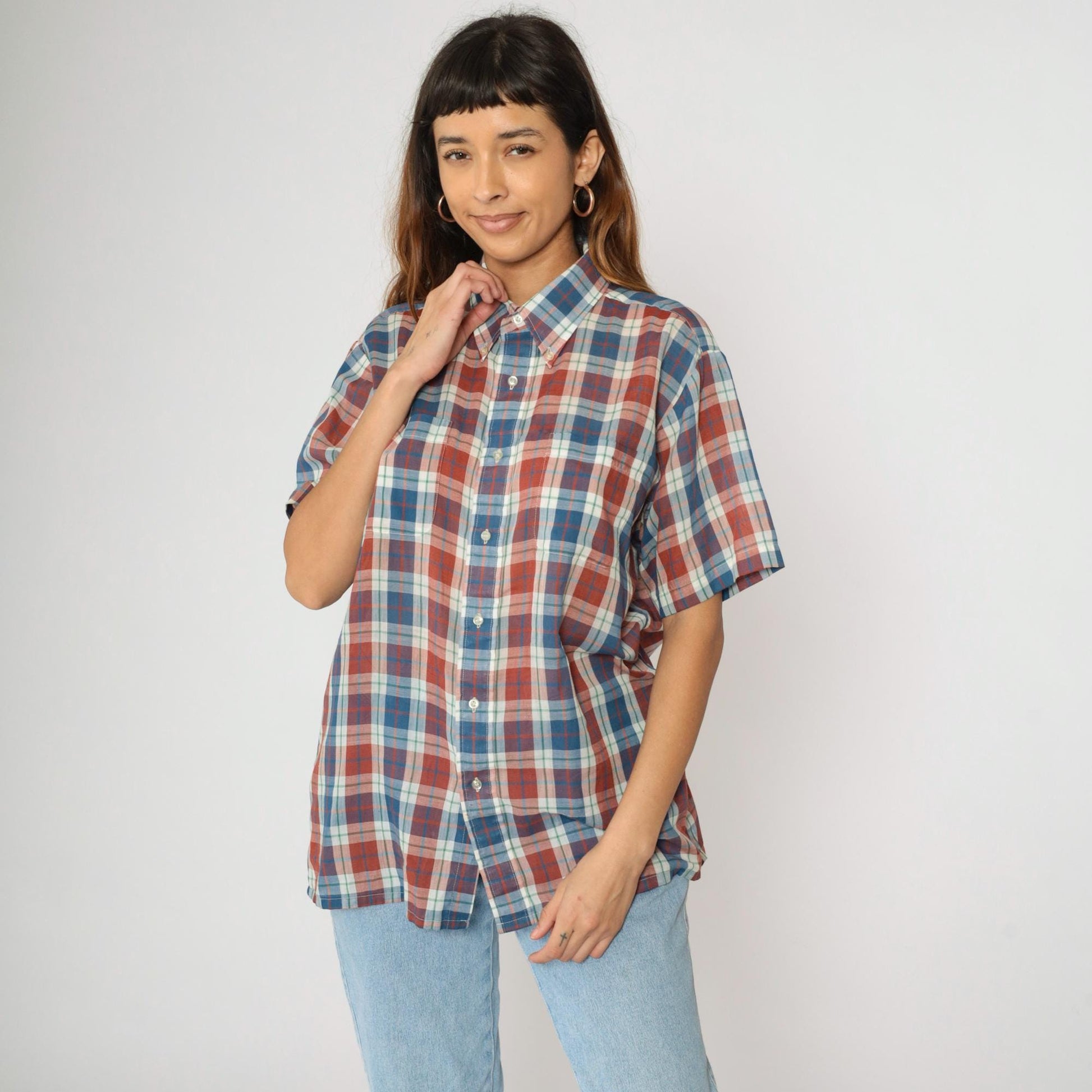 80s Towncraft Plaid Button-Up Shirt Rust White Blue Short Sleeve Large L