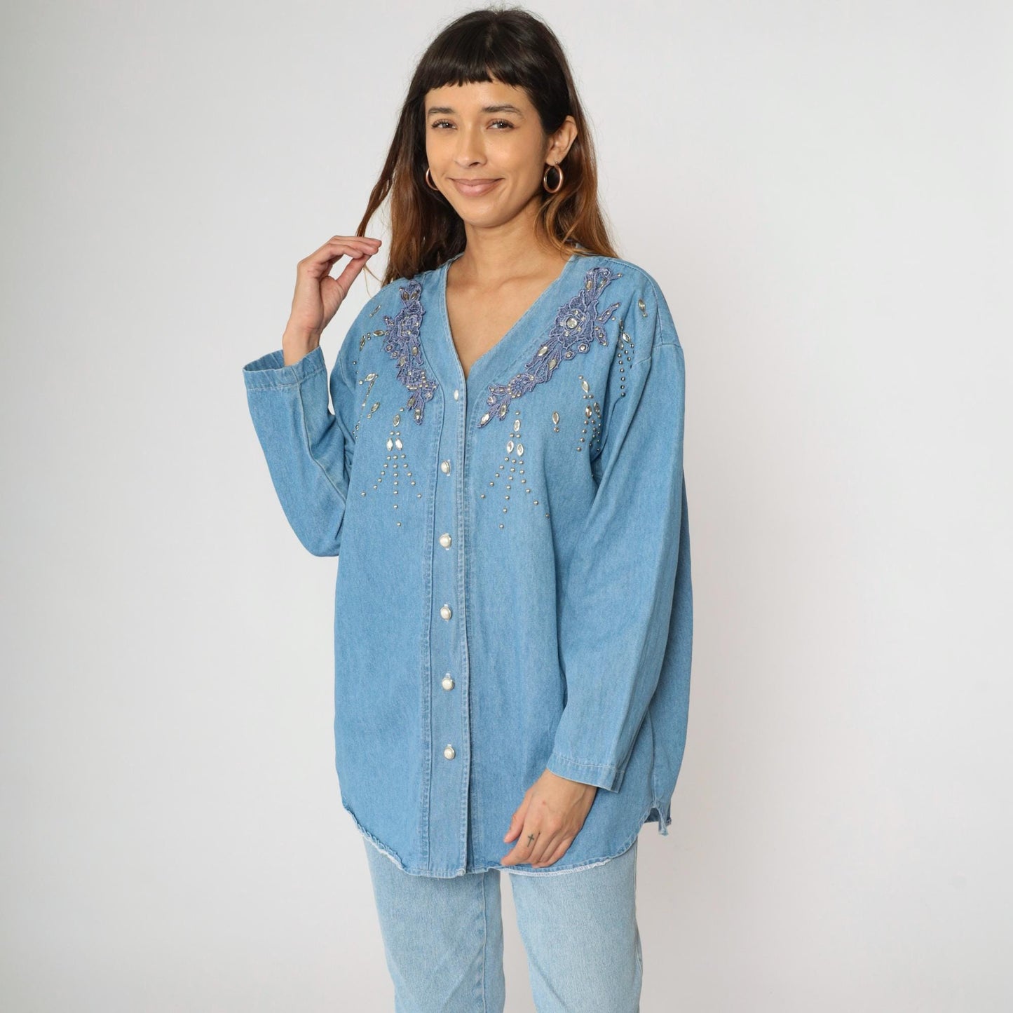 90s Blue Denim Beaded Button-Up Shirt Lace Applique Western V-Neck Extra Large