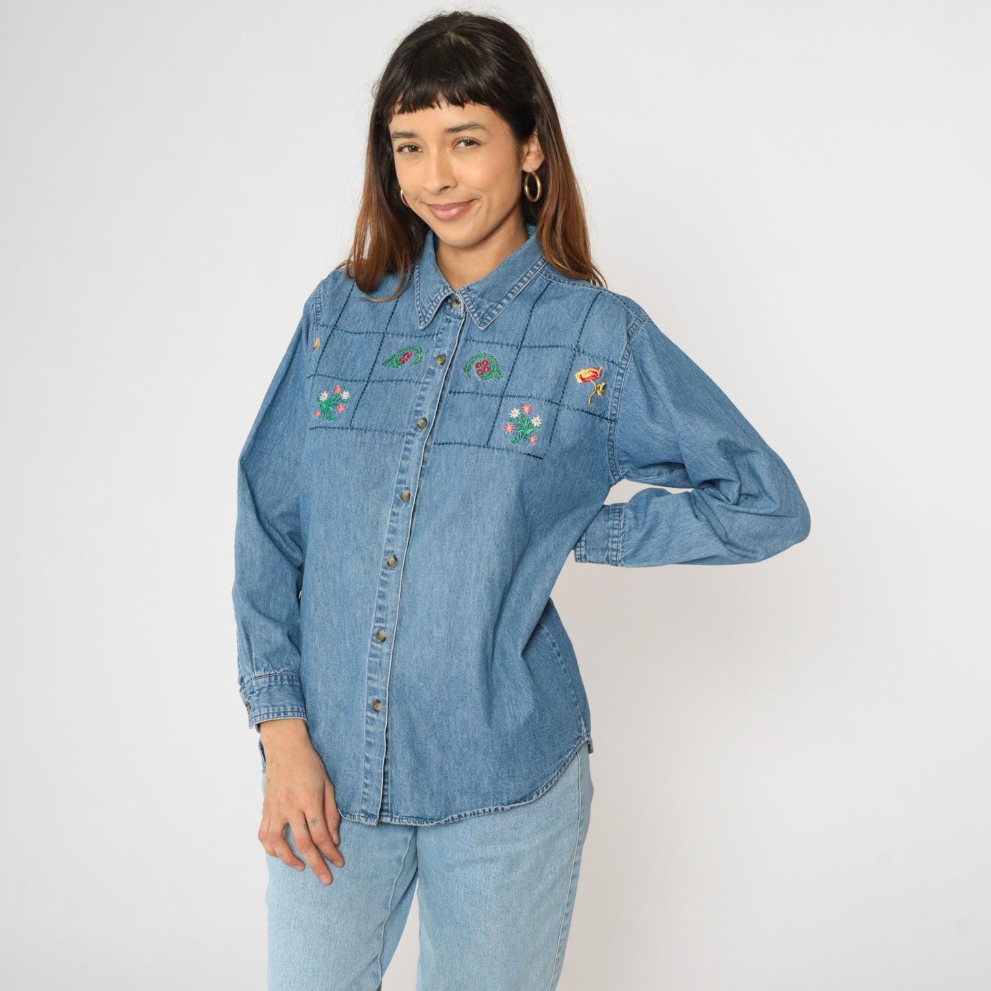 90s River Blues Floral Embroidered Denim Button-Up Shirt Blue Medium M