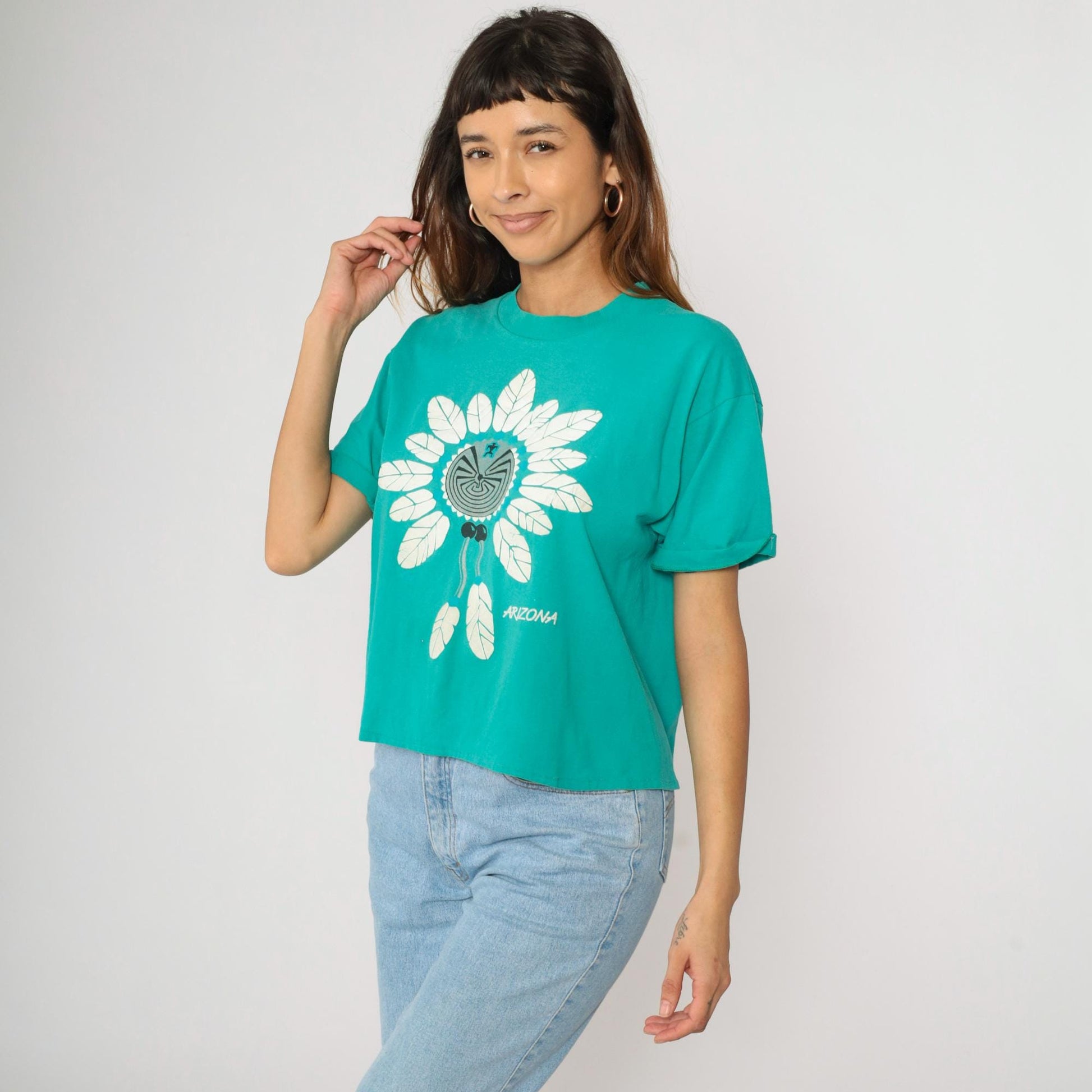 90s Arizona Turquoise Southwest Graphic Cropped T-Shirt Native American Maze Large