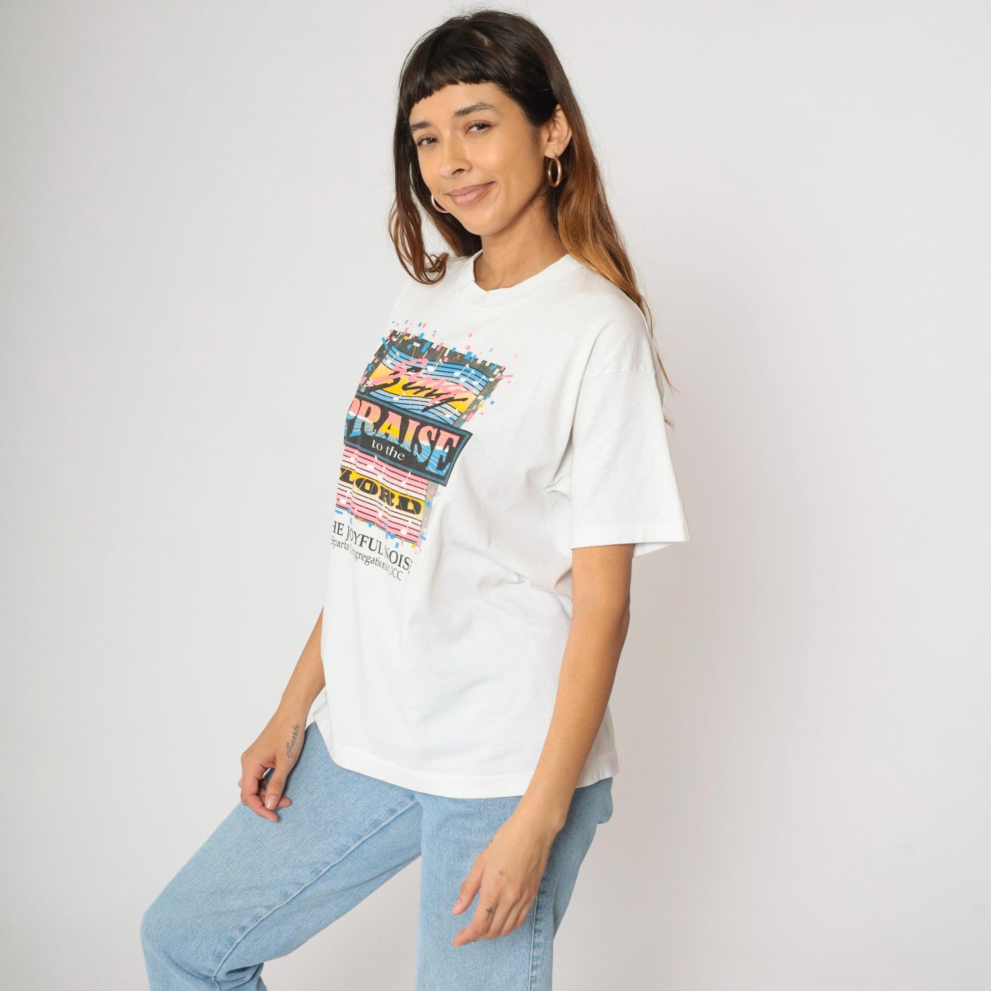 90s Praise the Lord Sparta Congregational UCC Graphic T-Shirt White Large L