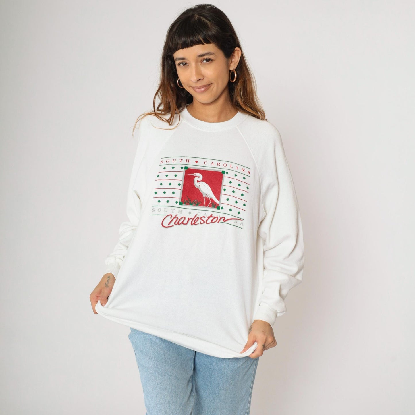 90s Charleston South Carolina Egret Graphic Sweatshirt White Raglan Medium