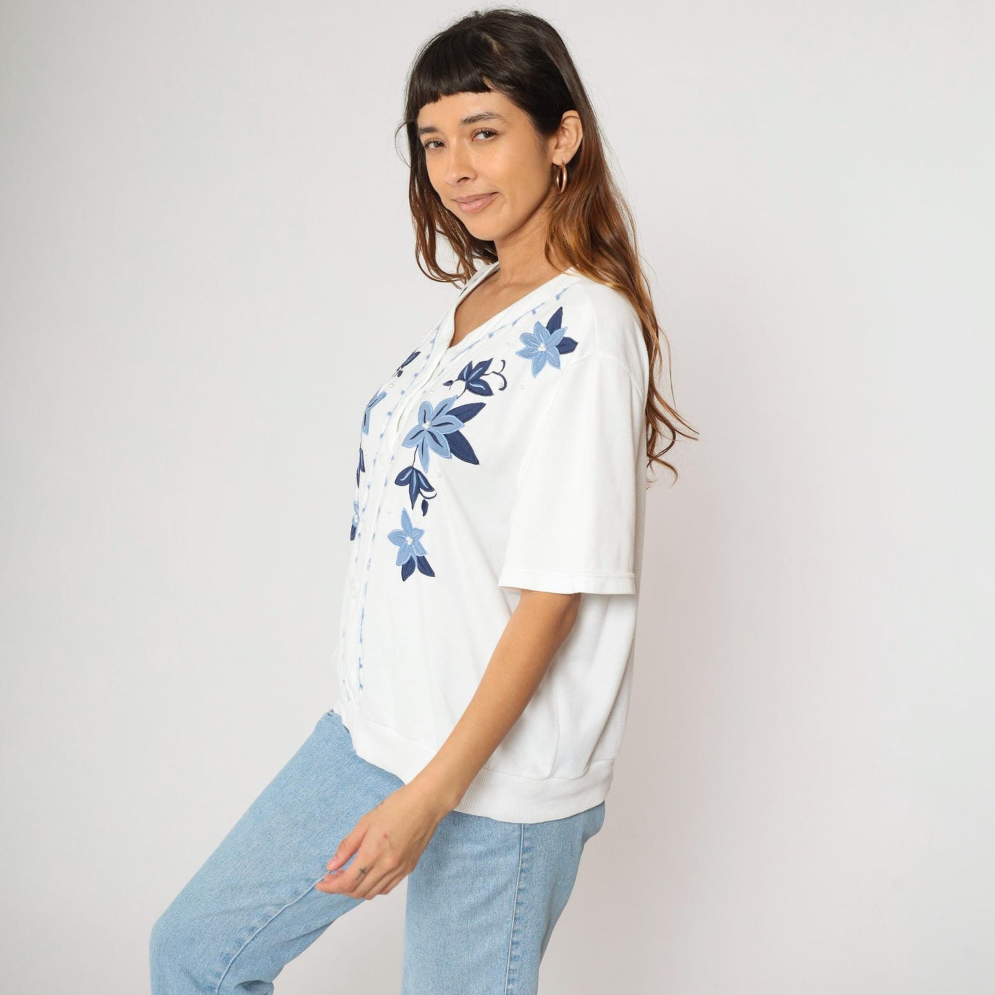 80s Alfred Dunner White Floral Embroidered Pearl Beaded Button Up Blouse Large