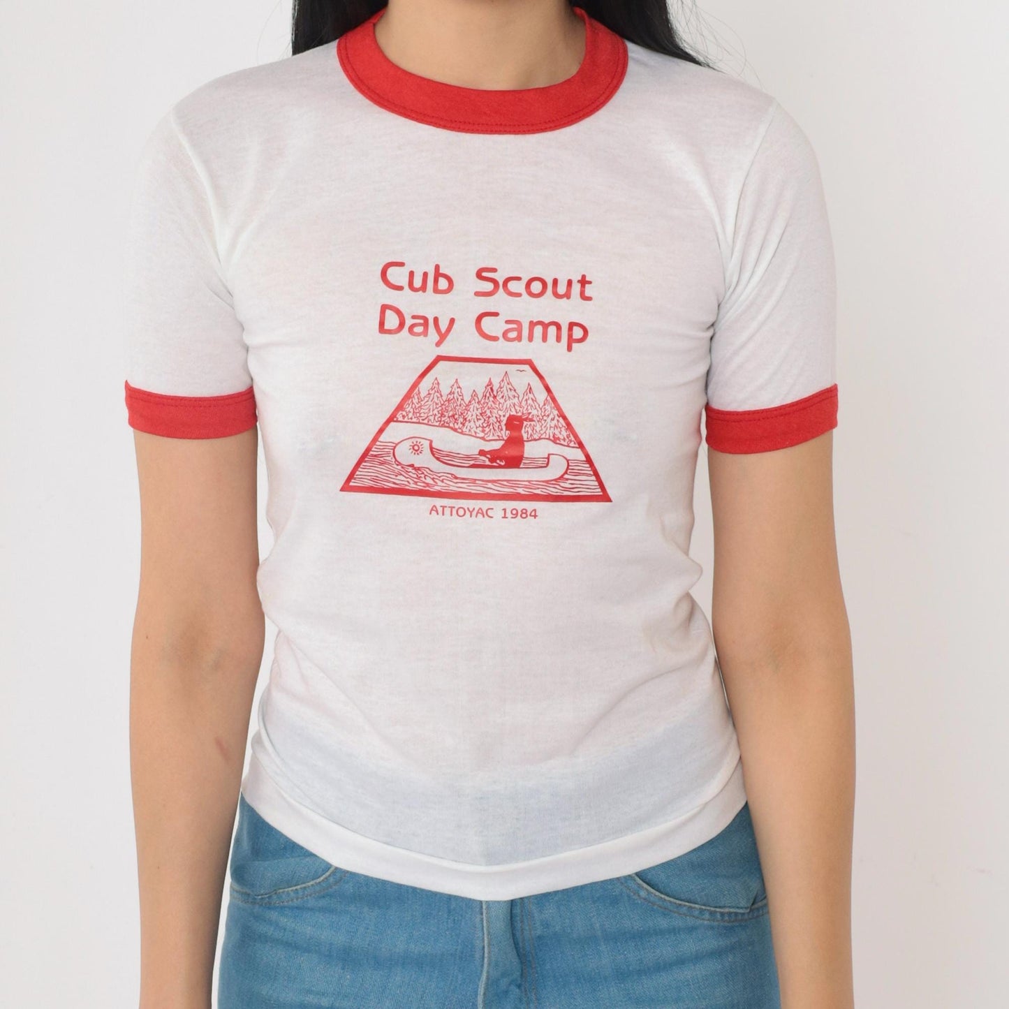 1980s Cub Scout Day Camp Attoyac Ringer Tee White Red Graphic 2XS