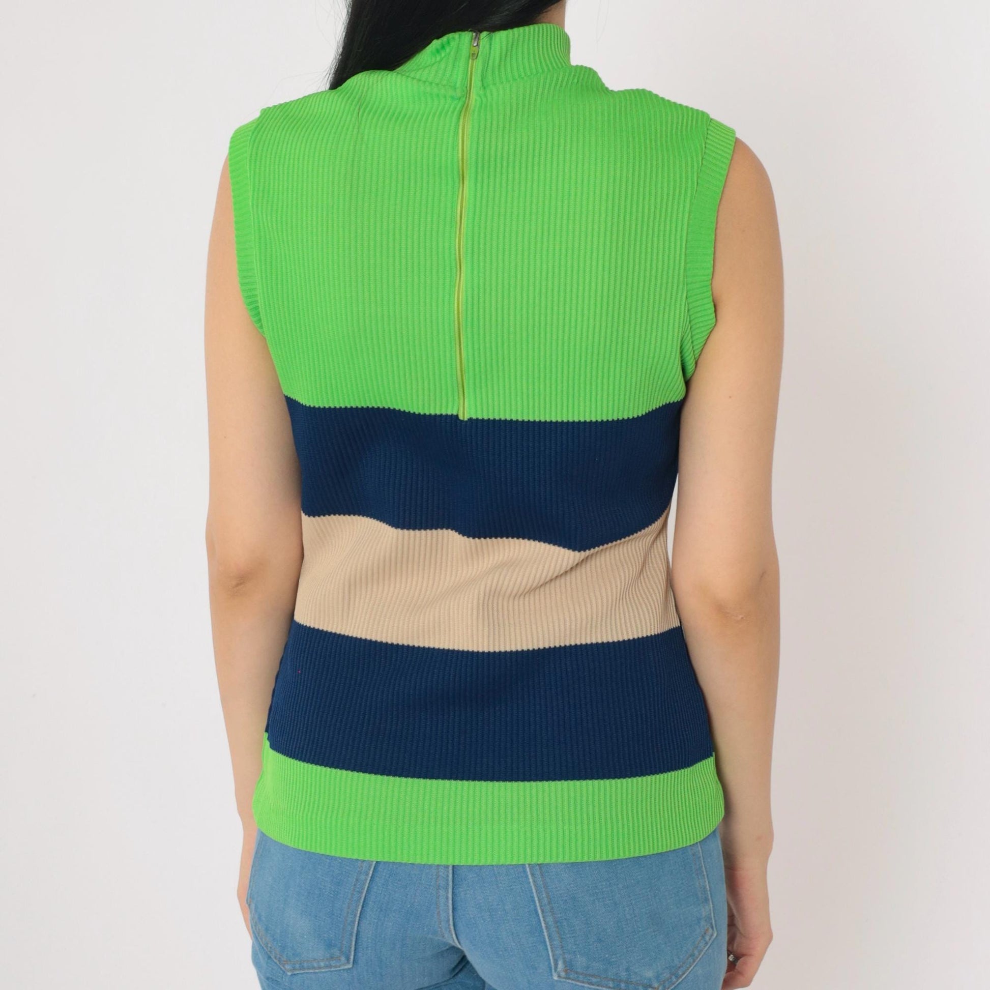 70s Fire Islander Tank Top Lime Green Navy Tan Striped Mock Neck Medium Large