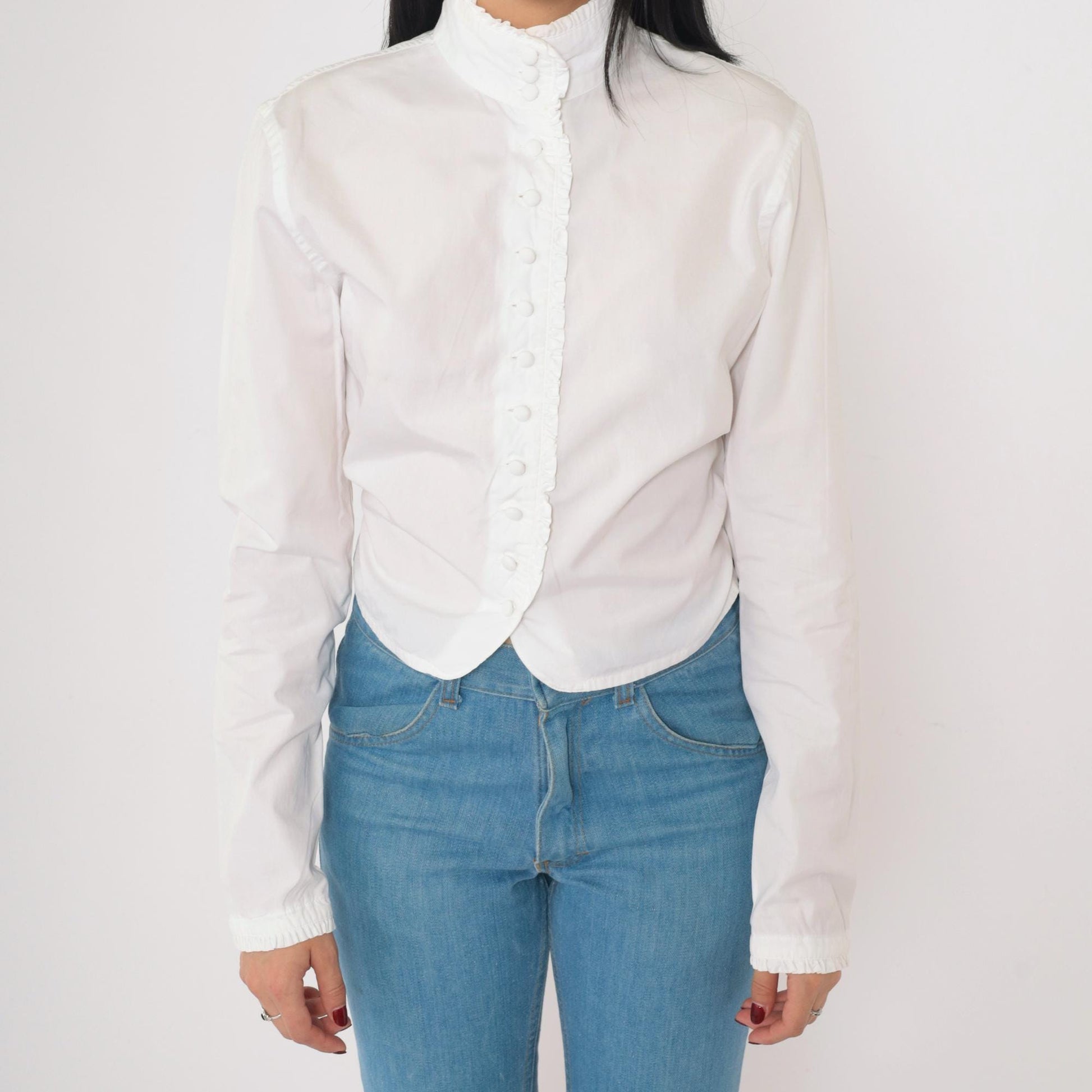 Y2K DKNY White Cotton Ruffle Blouse High Neck Button Up Small 6