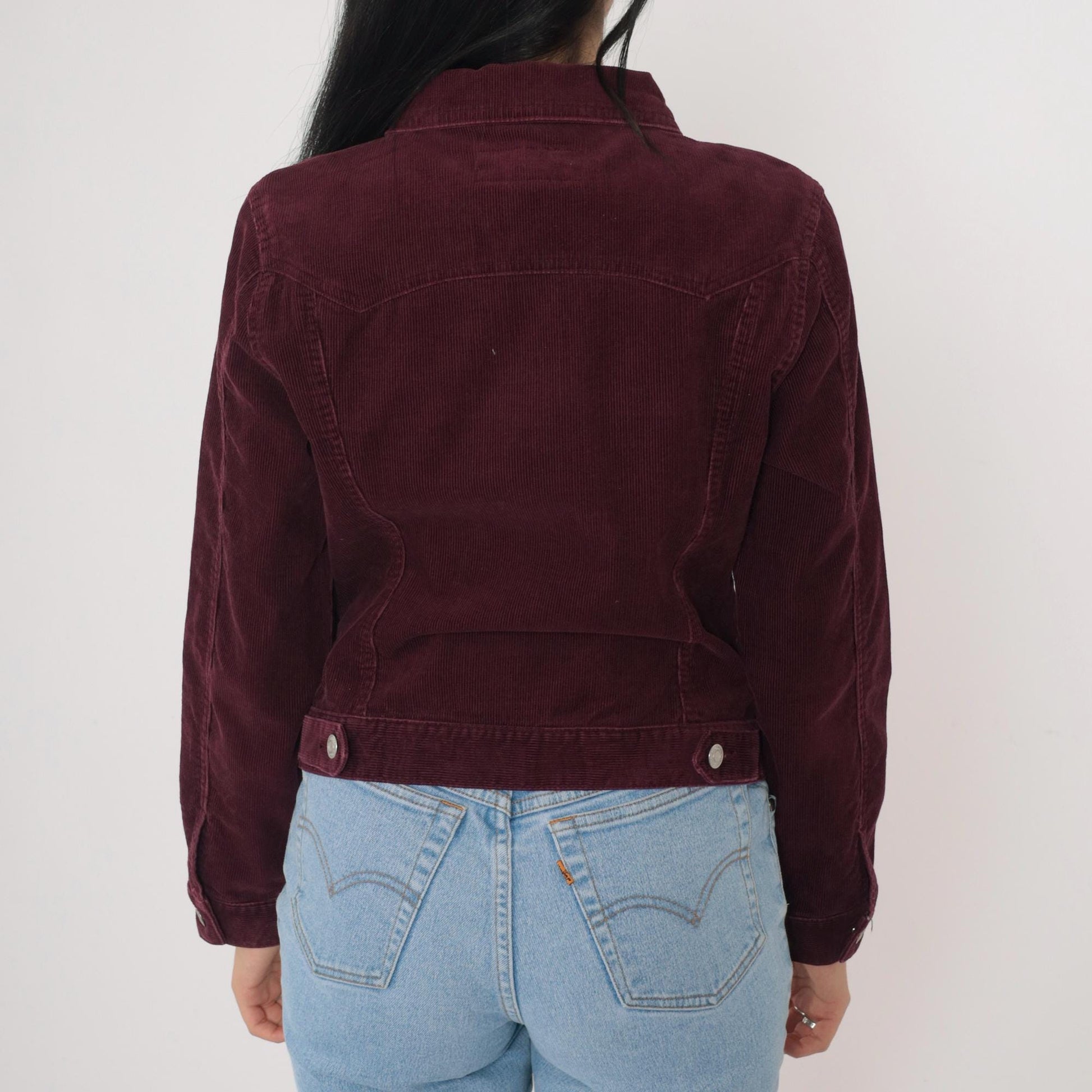 2000s Old Navy Burgundy Corduroy Trucker Jacket Silver Buttons Small S