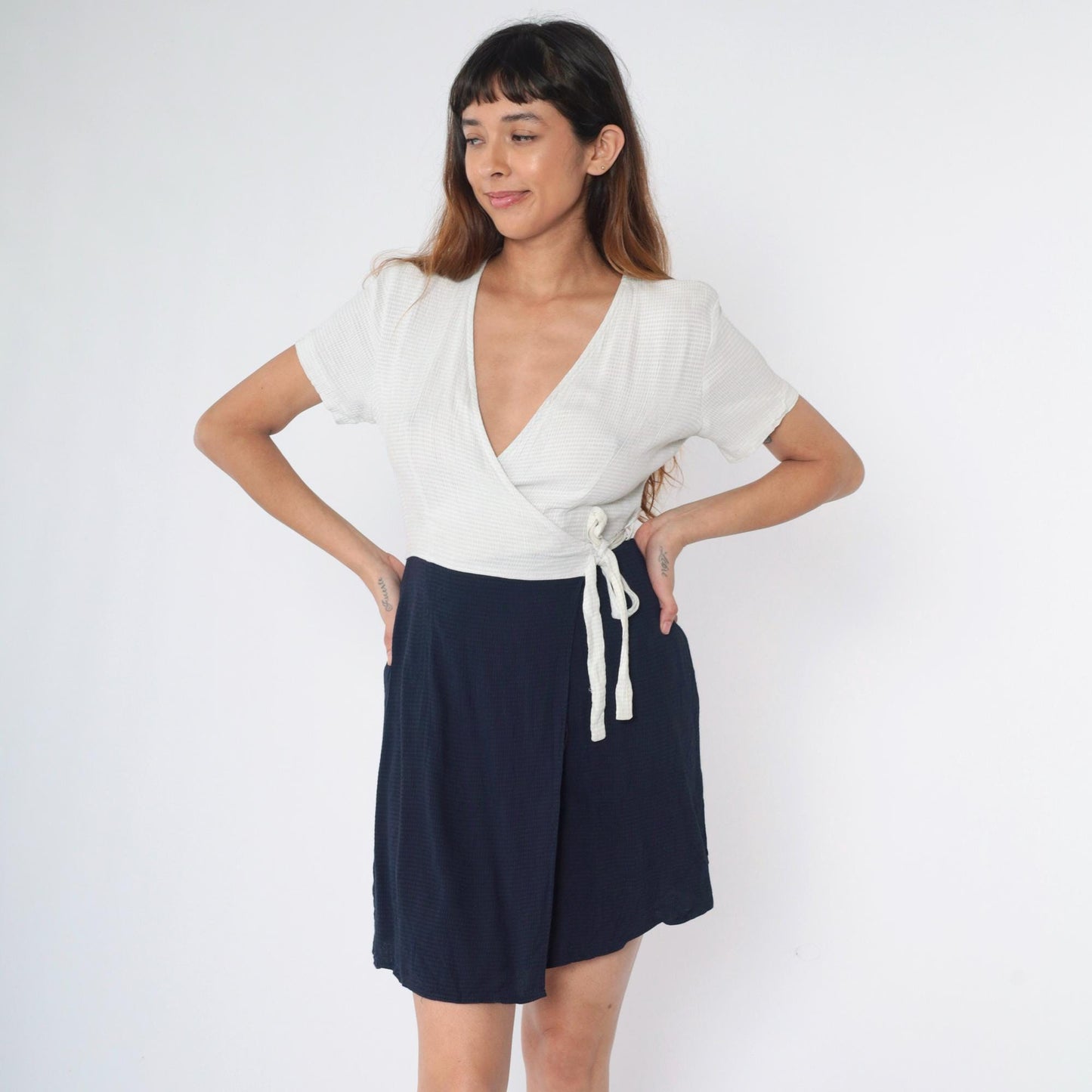 90s Sostanza Gingham Wrap Dress White Navy Mini Short Sleeve Small