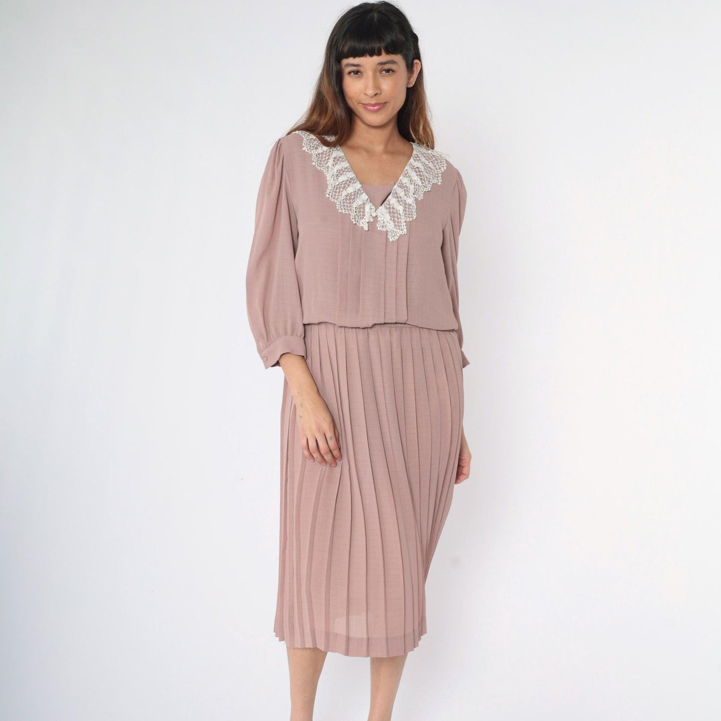 80s Mauve Pleated Midi Dress Lace Collar Long Sleeve Medium M