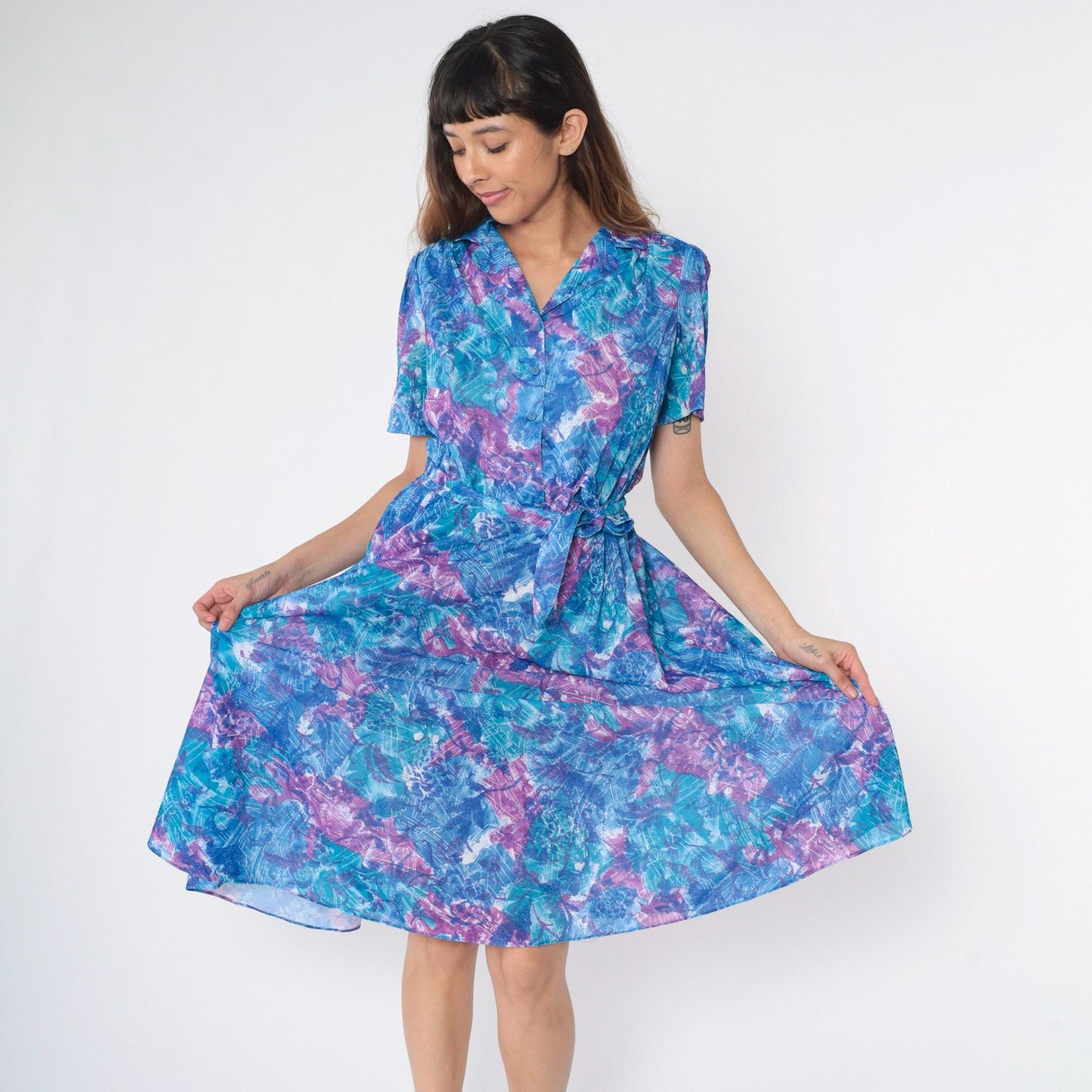 80s Abstract Floral Midi Dress Blue Purple Puff Sleeve Button Up High Waisted Small Medium