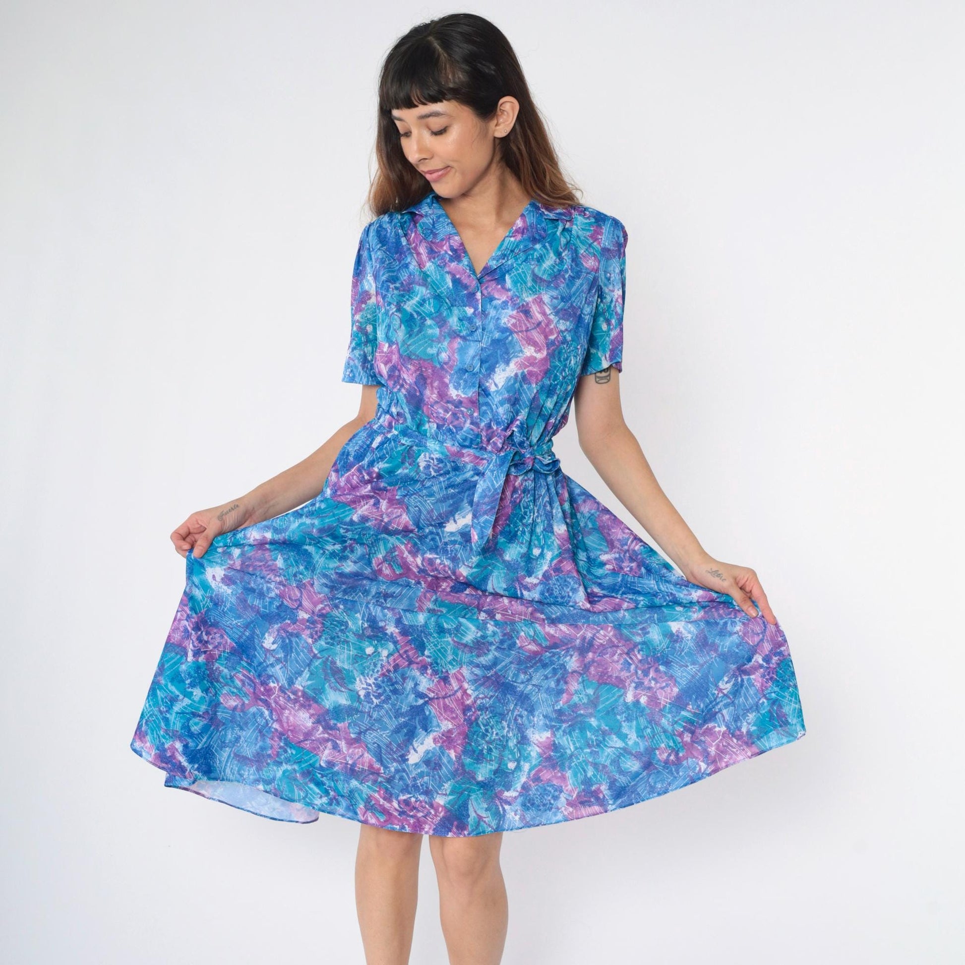 80s Abstract Floral Midi Dress Blue Purple Puff Sleeve Button Up High Waisted Small Medium