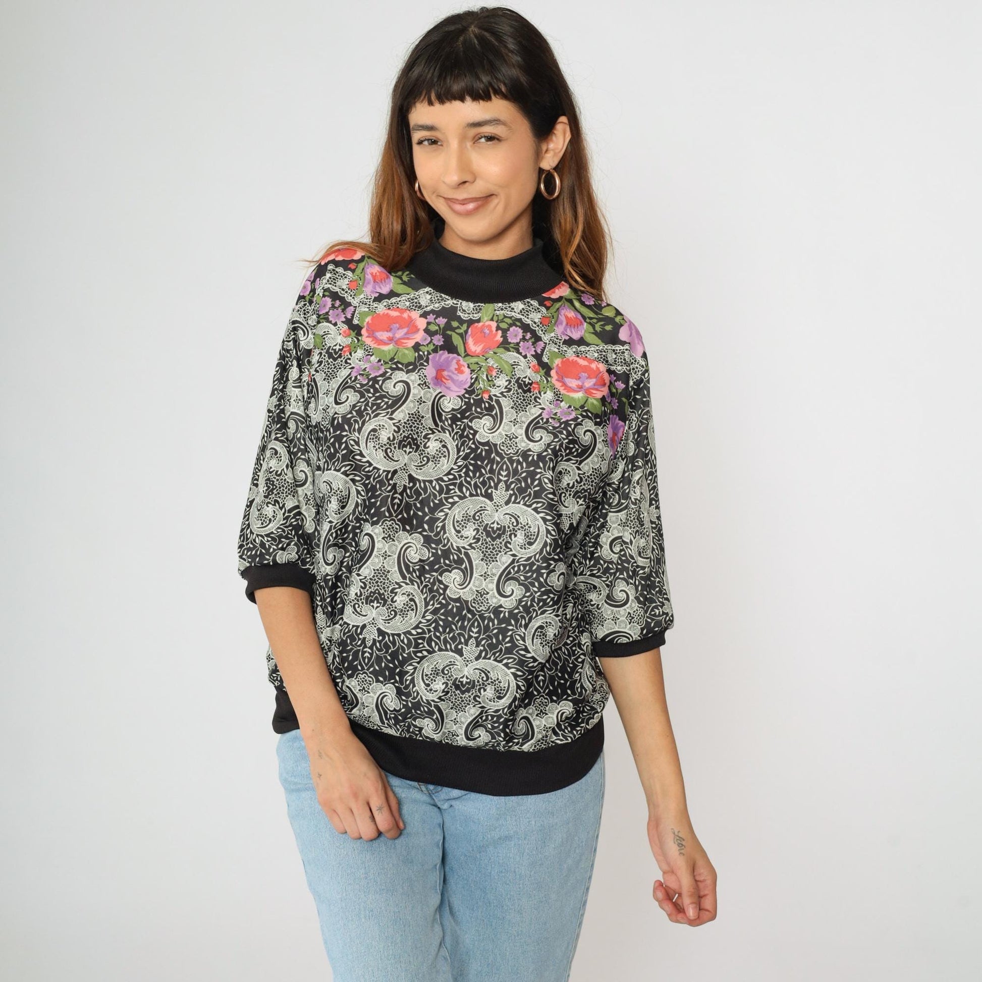 80s Black Floral Paisley Blouse Mock Neck 3/4 Sleeve Large L