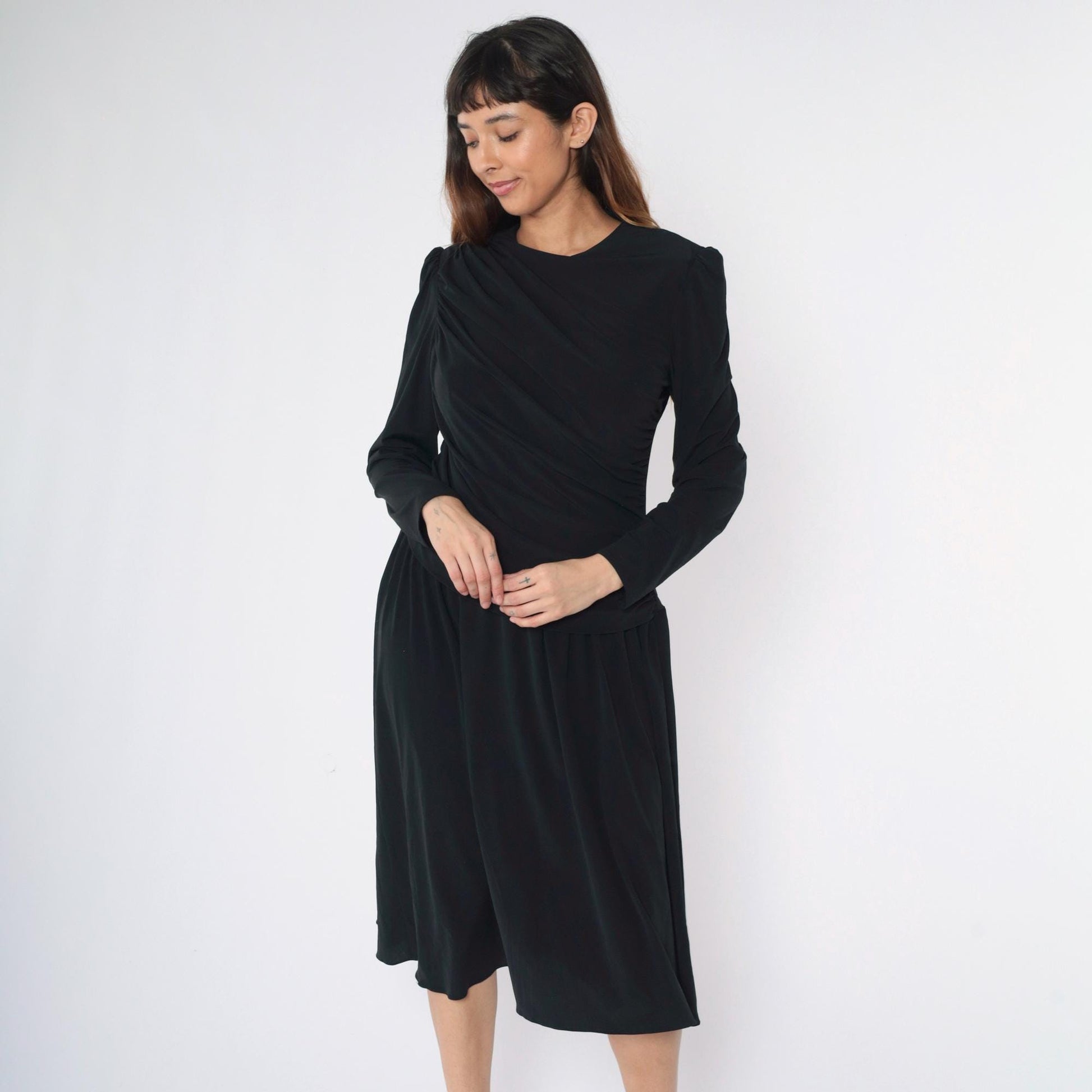 80s Saks Fifth Avenue Black Midi Dress Puff Sleeve Draped Ruched Medium