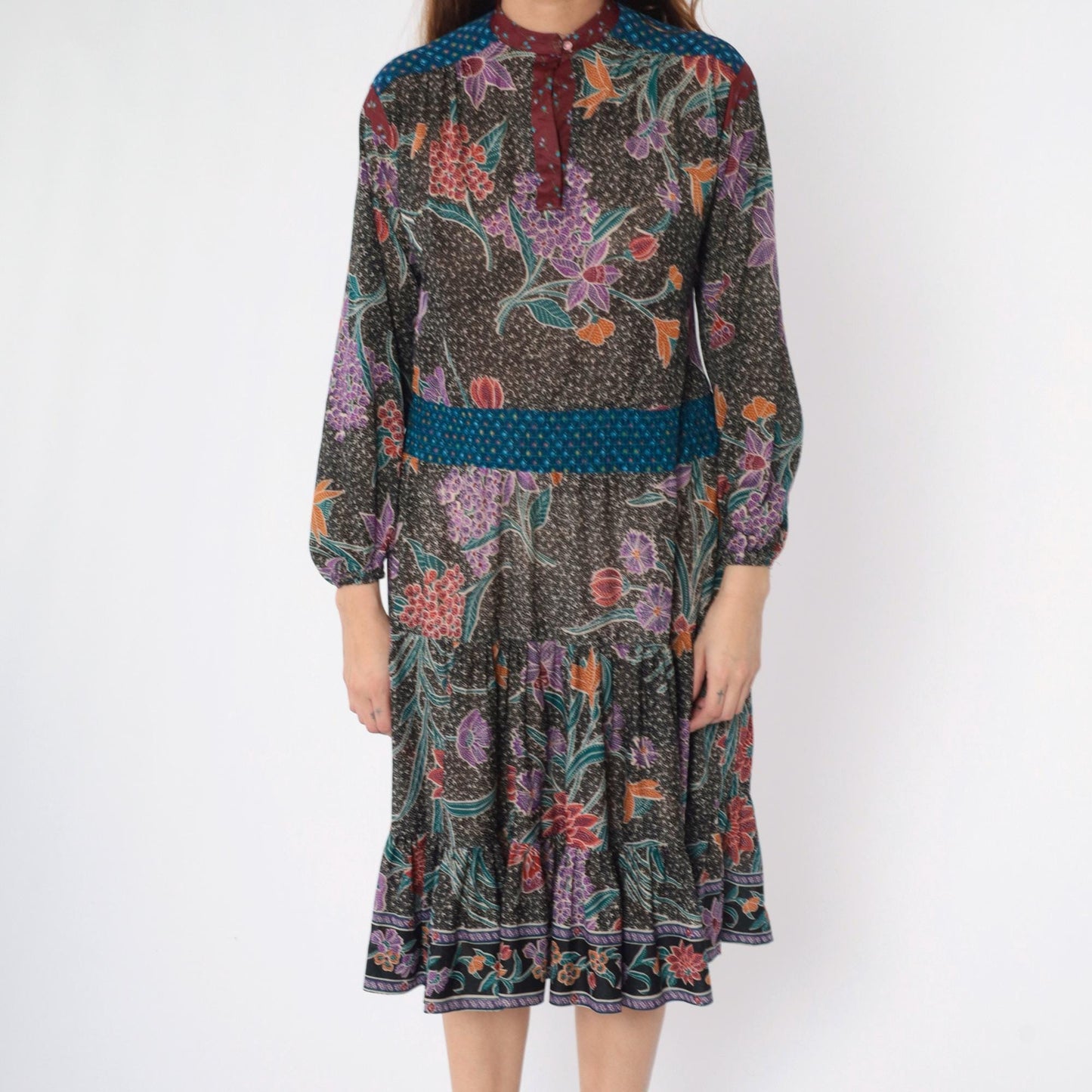 70s Black Floral Midi Dress High Neck Smocked Waist Long Sleeve Medium M