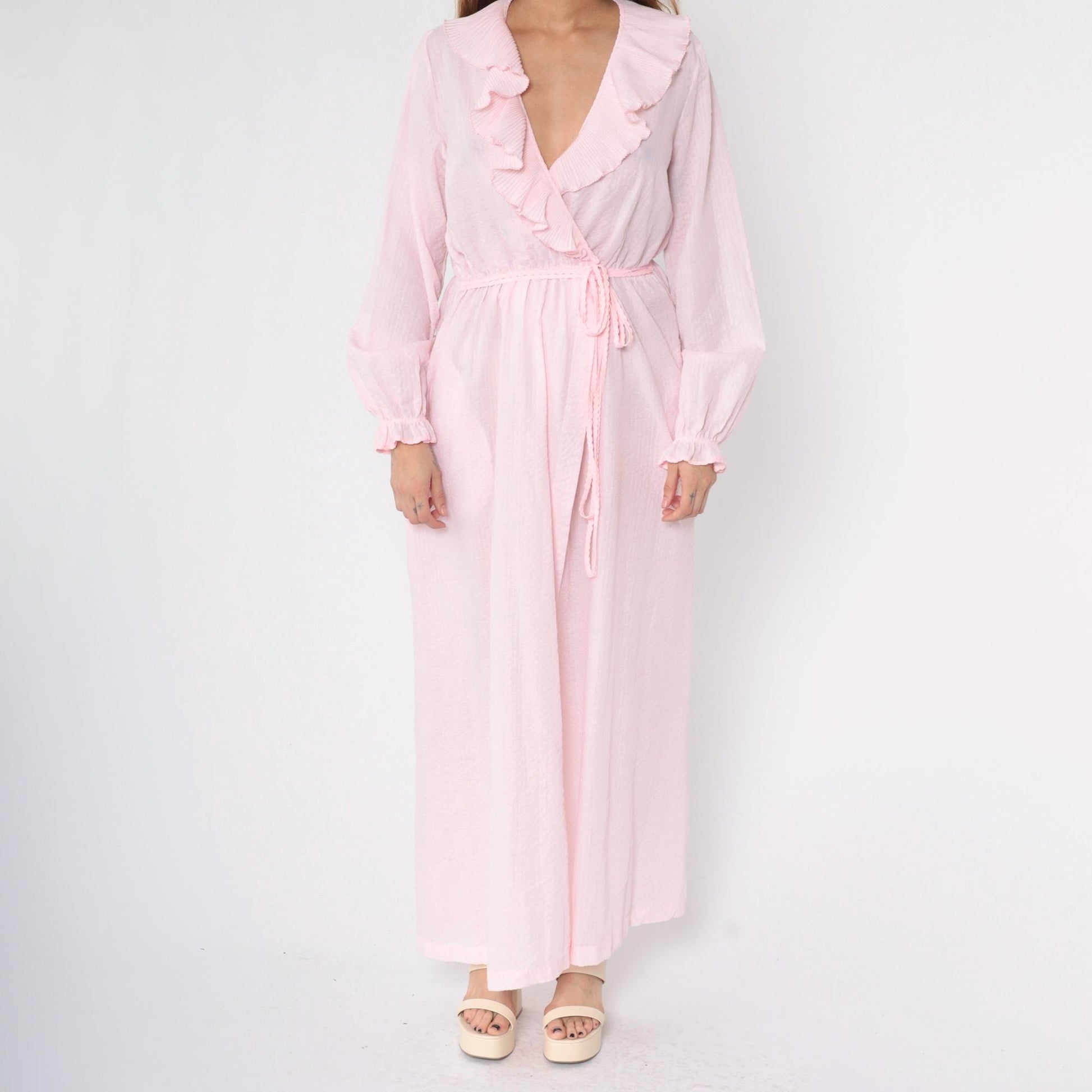 80s Pink Seersucker Wrap Dress Deep V Ruffle Collar Maxi Small