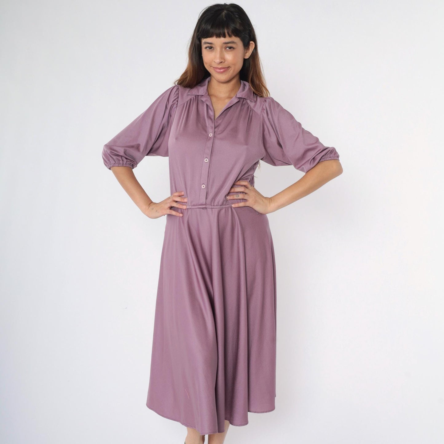 80s Purple Puff Sleeve Midi Shirtdress High Waist Button Up Medium Large