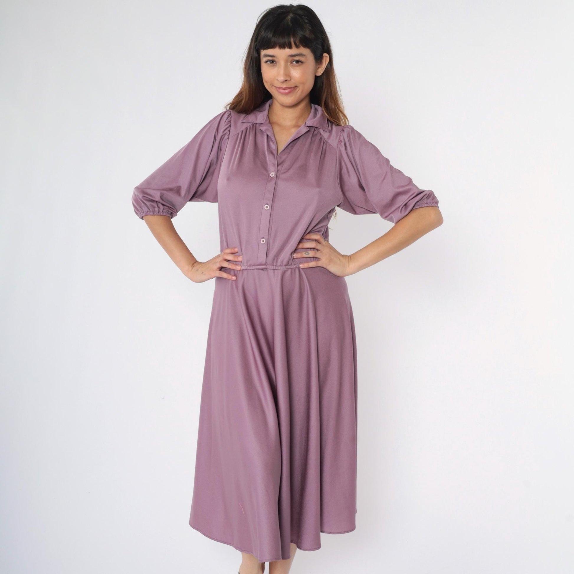 80s Purple Puff Sleeve Midi Shirtdress High Waist Button Up Medium Large