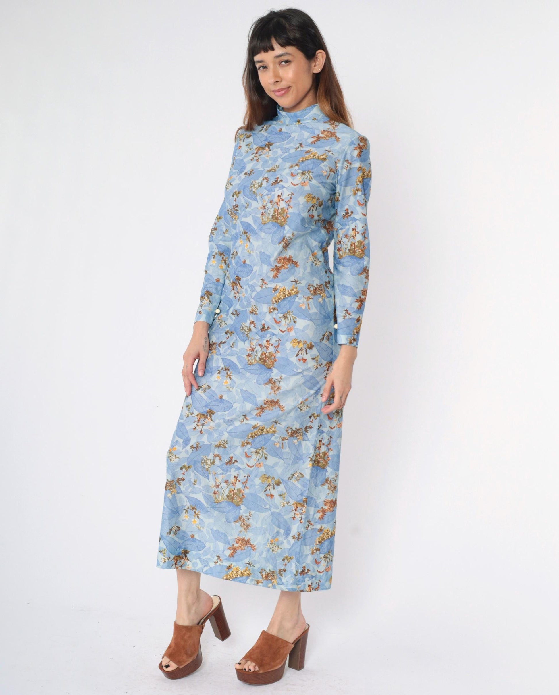 70s Blue Floral Maxi Dress Mock Neck Long Sleeve Small