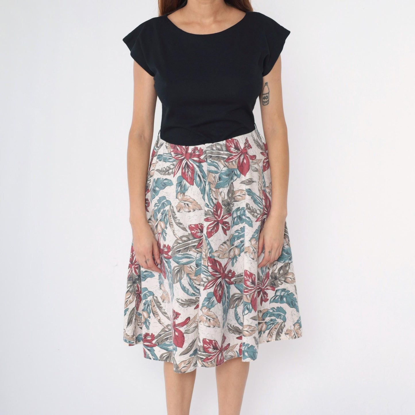 80s Tropical Floral Midi Dress Black Bodice Cap Sleeve V-Back Medium M