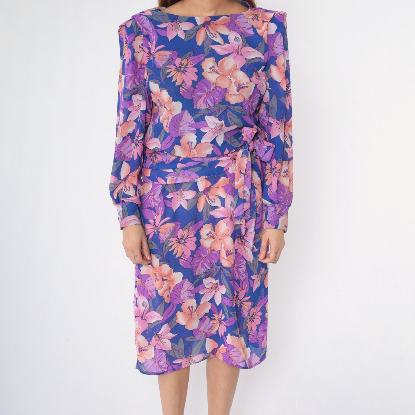 80s Tropical Floral Midi Dress Purple Hibiscus Print Puff Sleeve Tie Waist Medium
