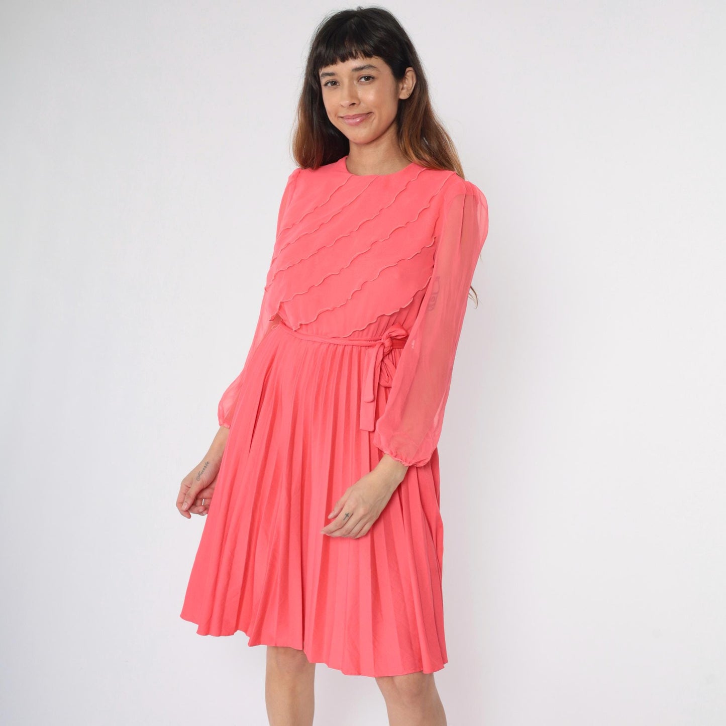 70s Pink Chiffon Ruffle Midi Dress Pleated Elastic Waist Small S