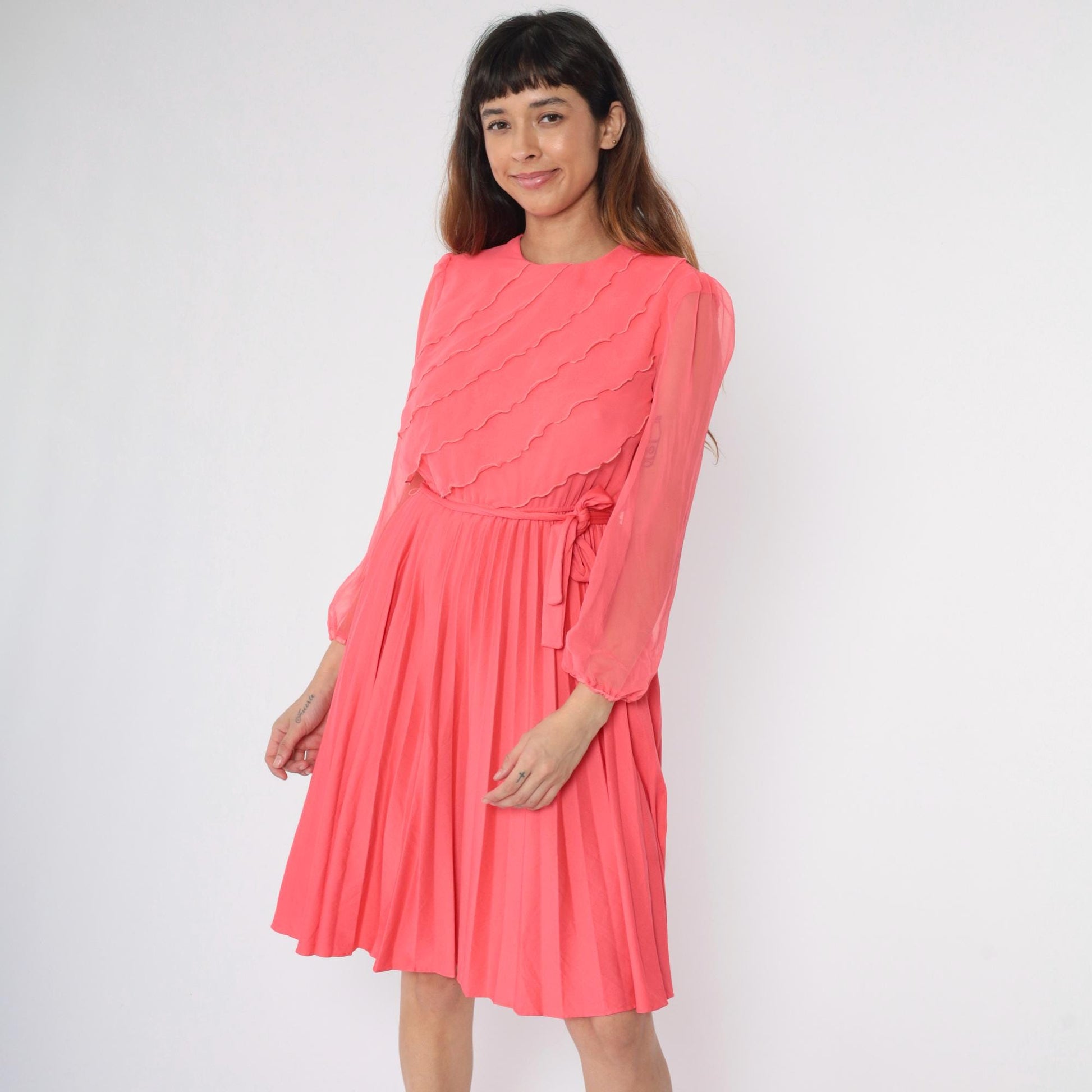 70s Pink Chiffon Ruffle Midi Dress Pleated Elastic Waist Small S