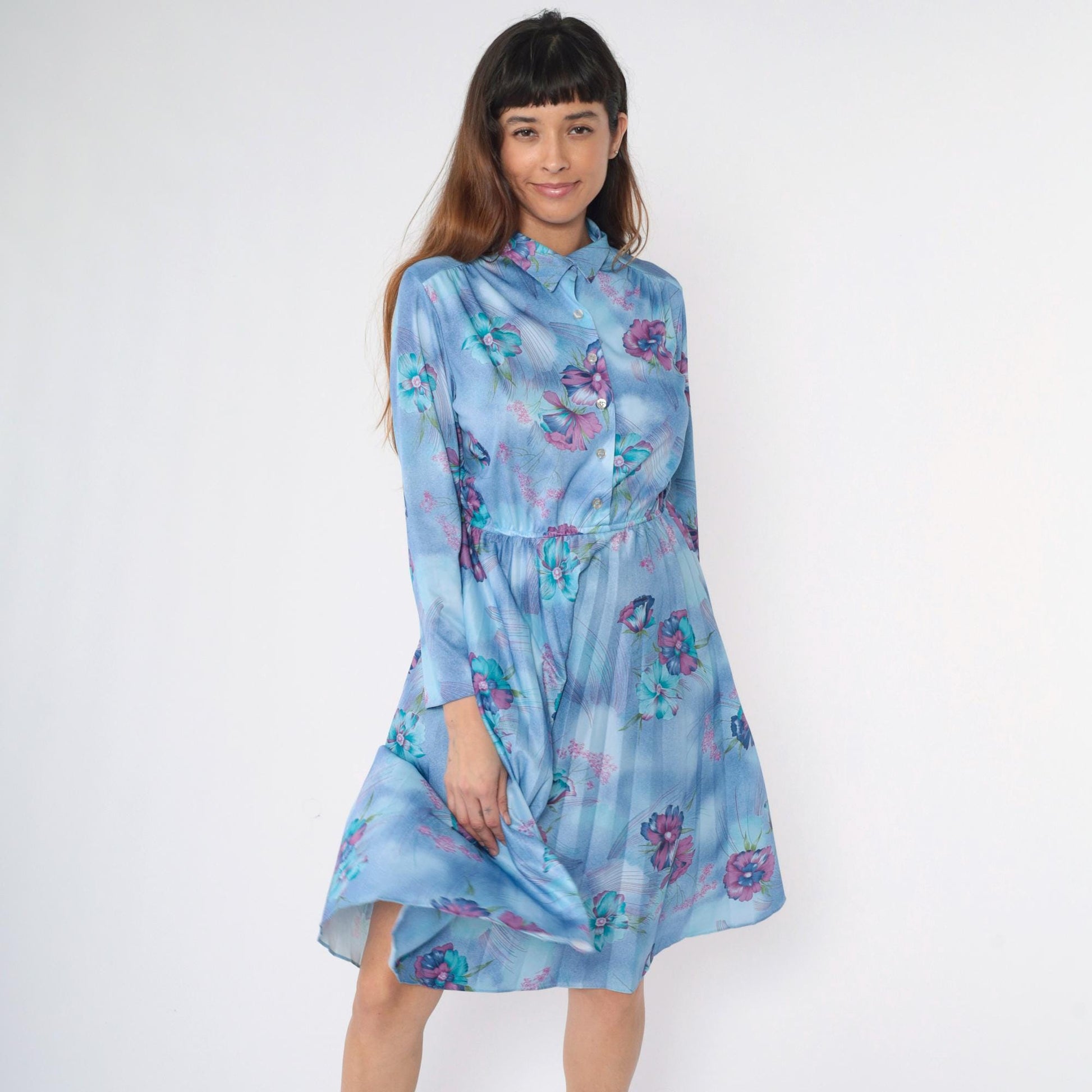 70s Sears Floral Midi Shirt Dress Blue High Waist Pleated Medium