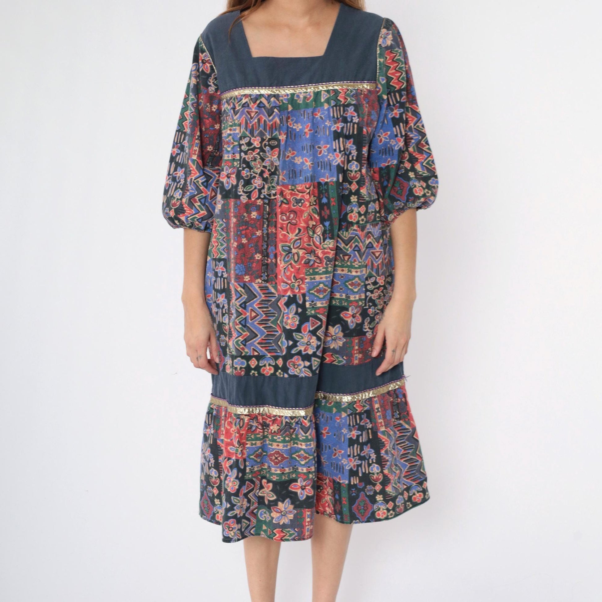 80s Patchwork Midi Dress Floral Geometric Square Neck Puff Sleeve Tiered Medium Large