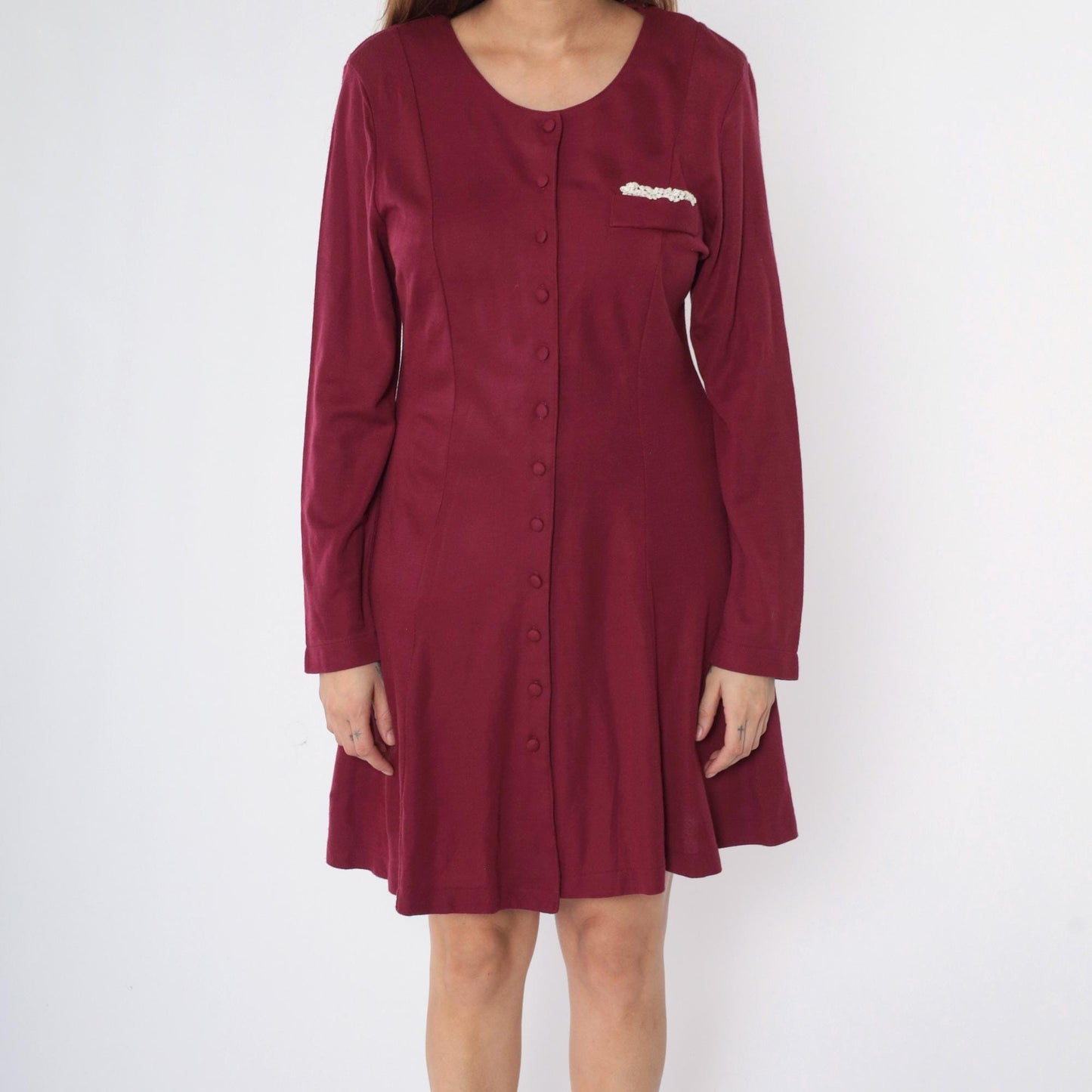 90s Burgundy Mini Shirtdress Long Sleeve Button Down Tie Back Medium M