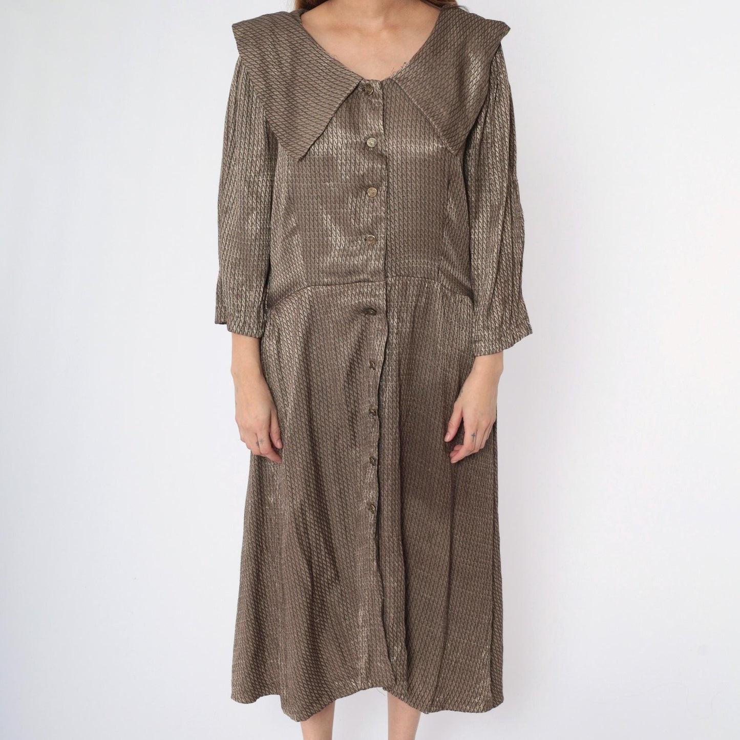 80s Gold Metallic Button-Down Midi Dress Wide Collar Long Sleeve Medium Large