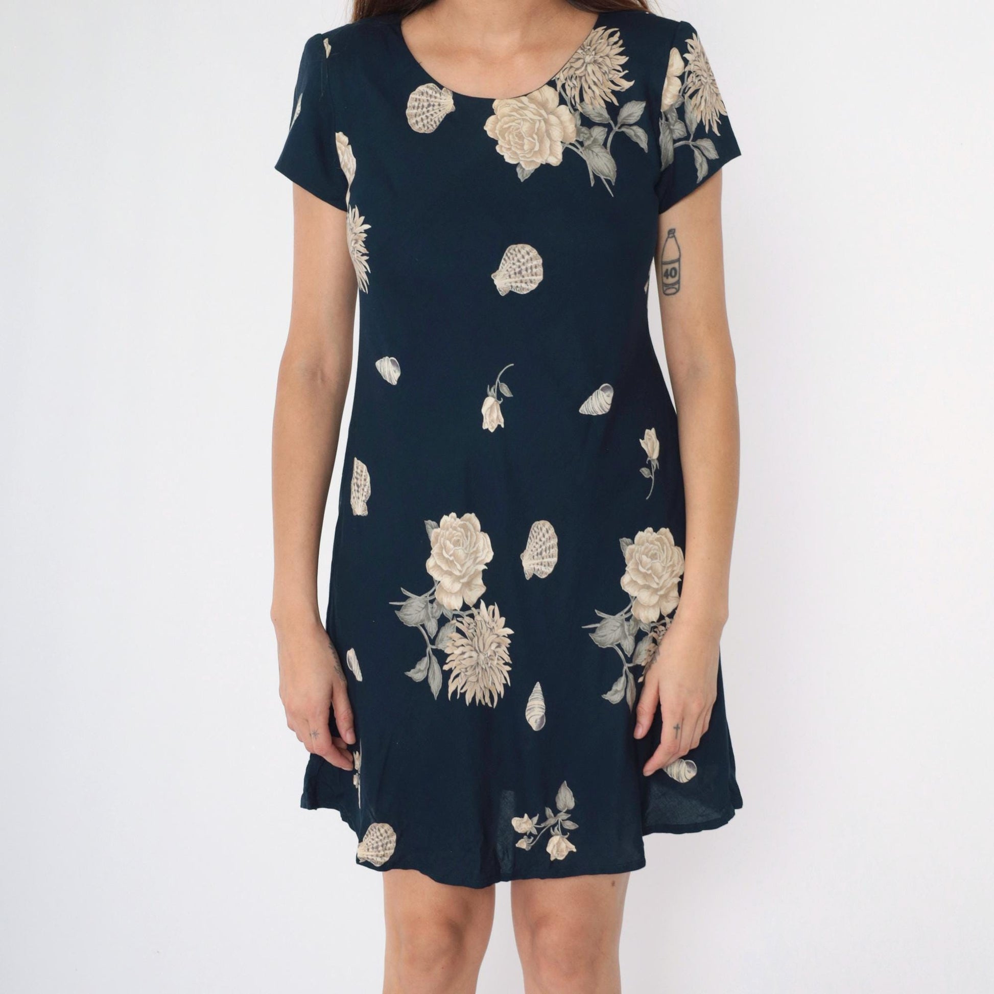 90s Jessica Howard Petite Navy Floral Seashell Mini Shift Dress Small 6