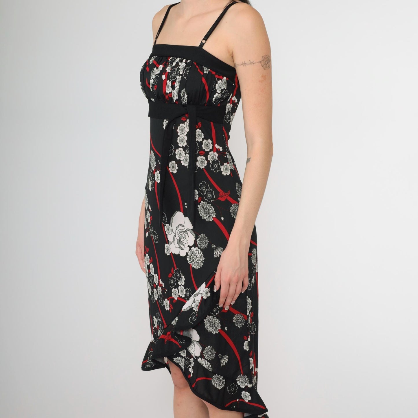 Y2K Black Floral Midi Dress Waterfall Hem Empire Waist Spaghetti Strap Extra Small