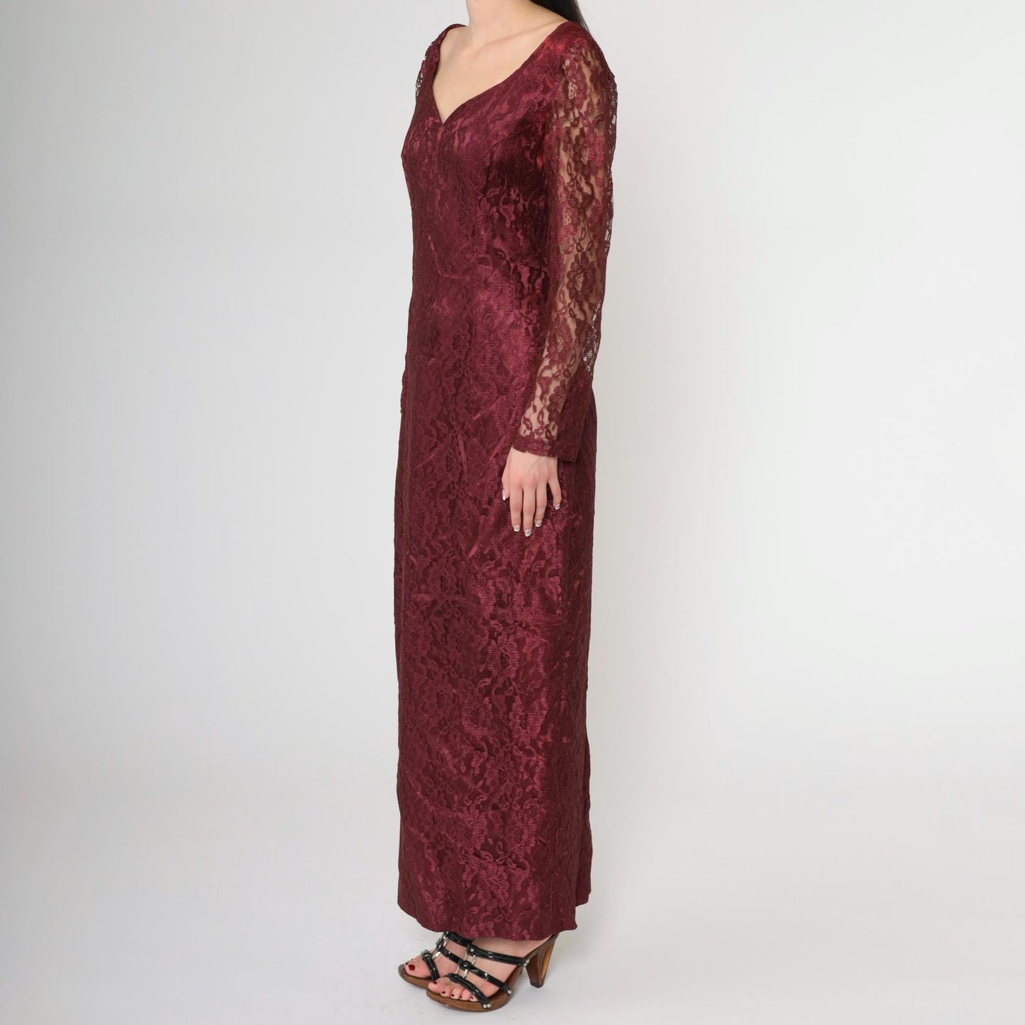 90s Wine Lace Maxi Dress Sweetheart Neckline Long Sleeve Slit Small