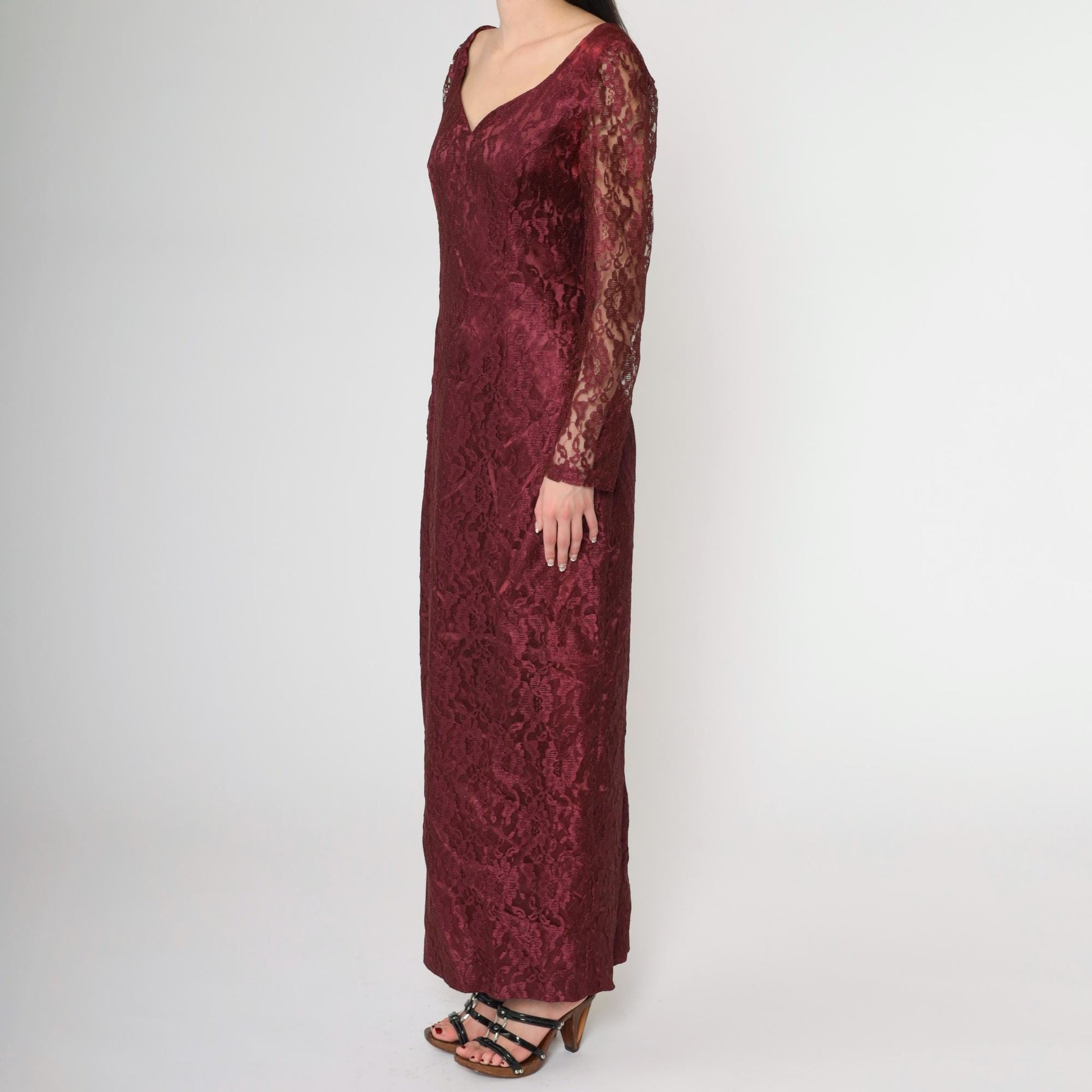 90s Wine Lace Maxi Dress Sweetheart Neckline Long Sleeve Slit Small