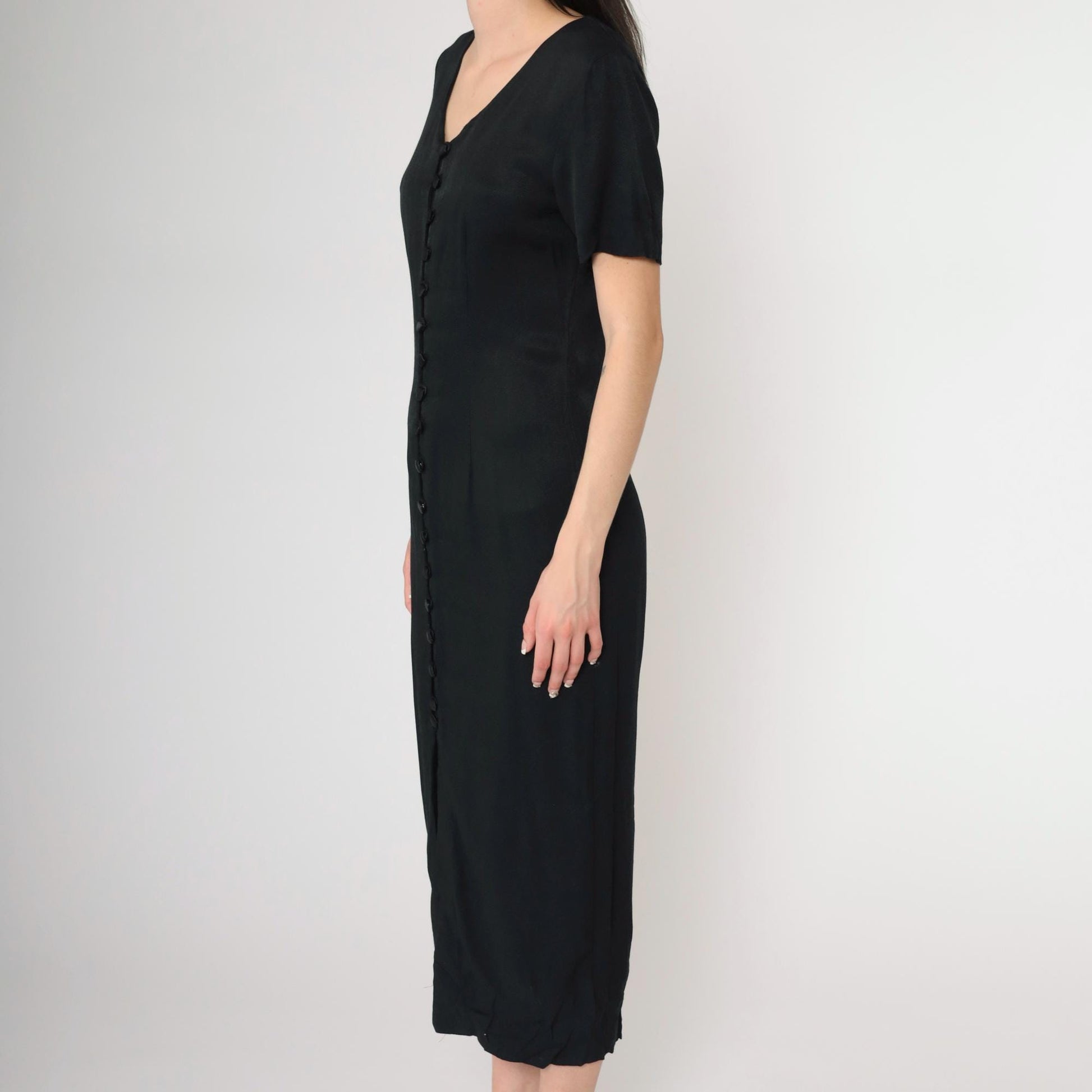 90s Betsy New York Black Midi Dress Cage Back Button Front Slit Small