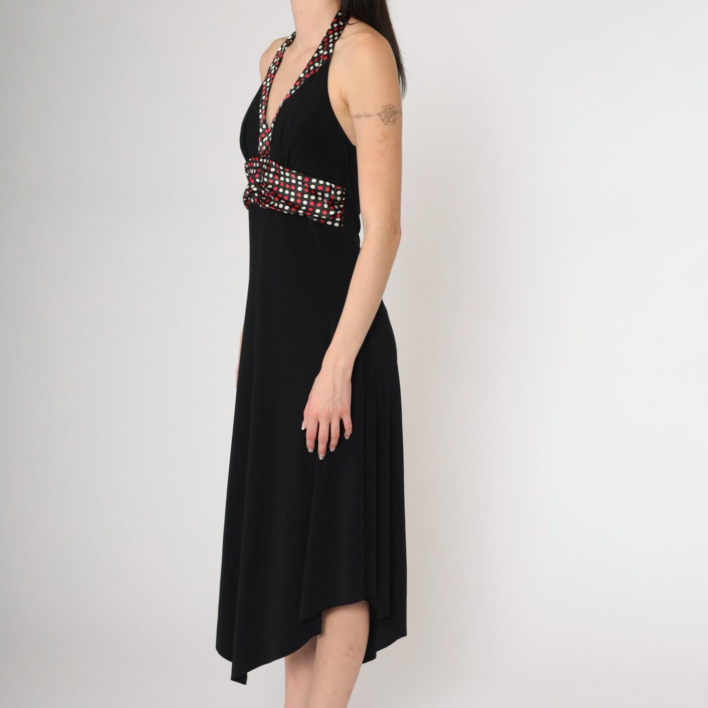 Y2K Black Halter Neck Midi Dress Polka Dot Empire Waist High Low Hem Medium