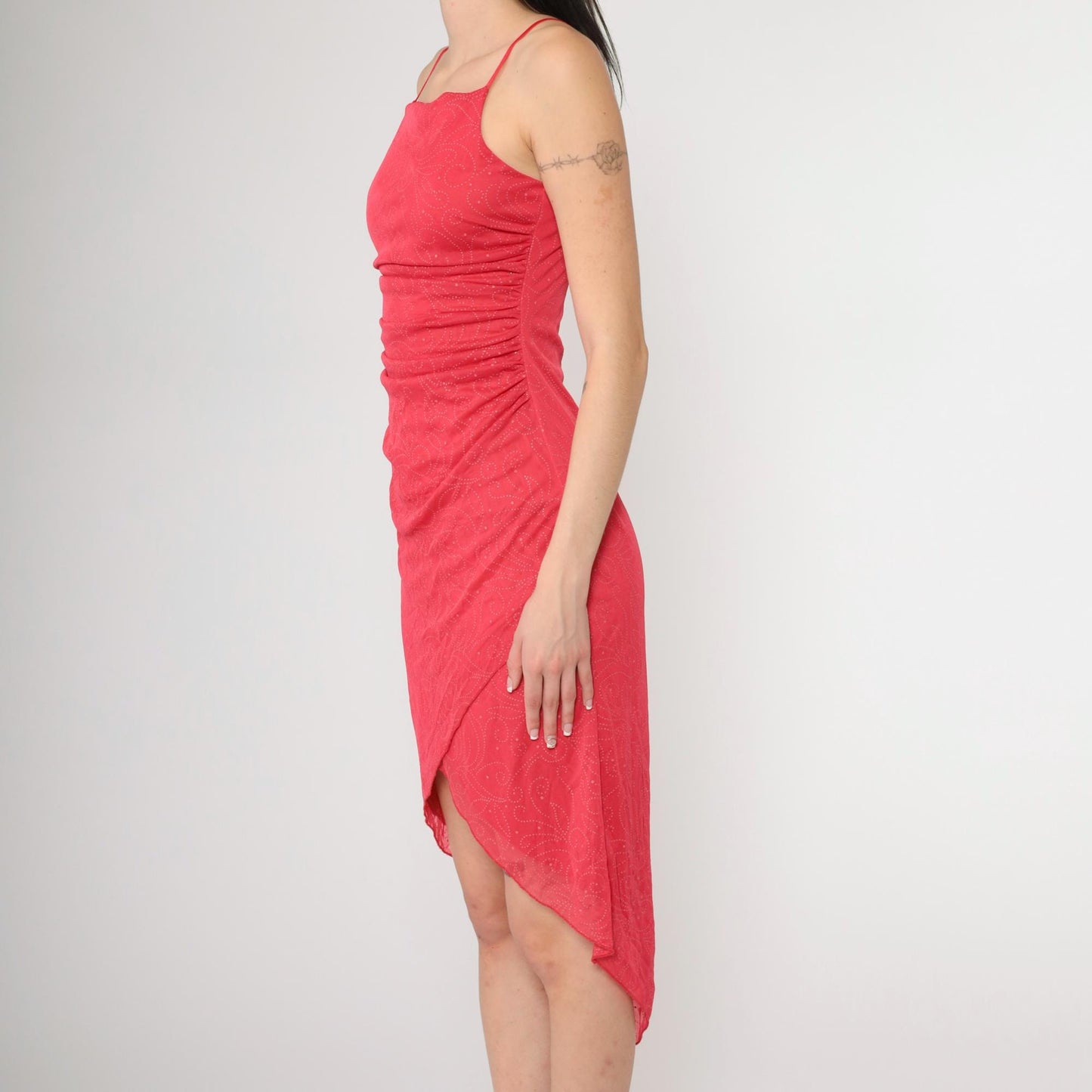 Y2K Coral Glitter Dot Asymmetrical Midi Dress Spaghetti Strap Ruched Small
