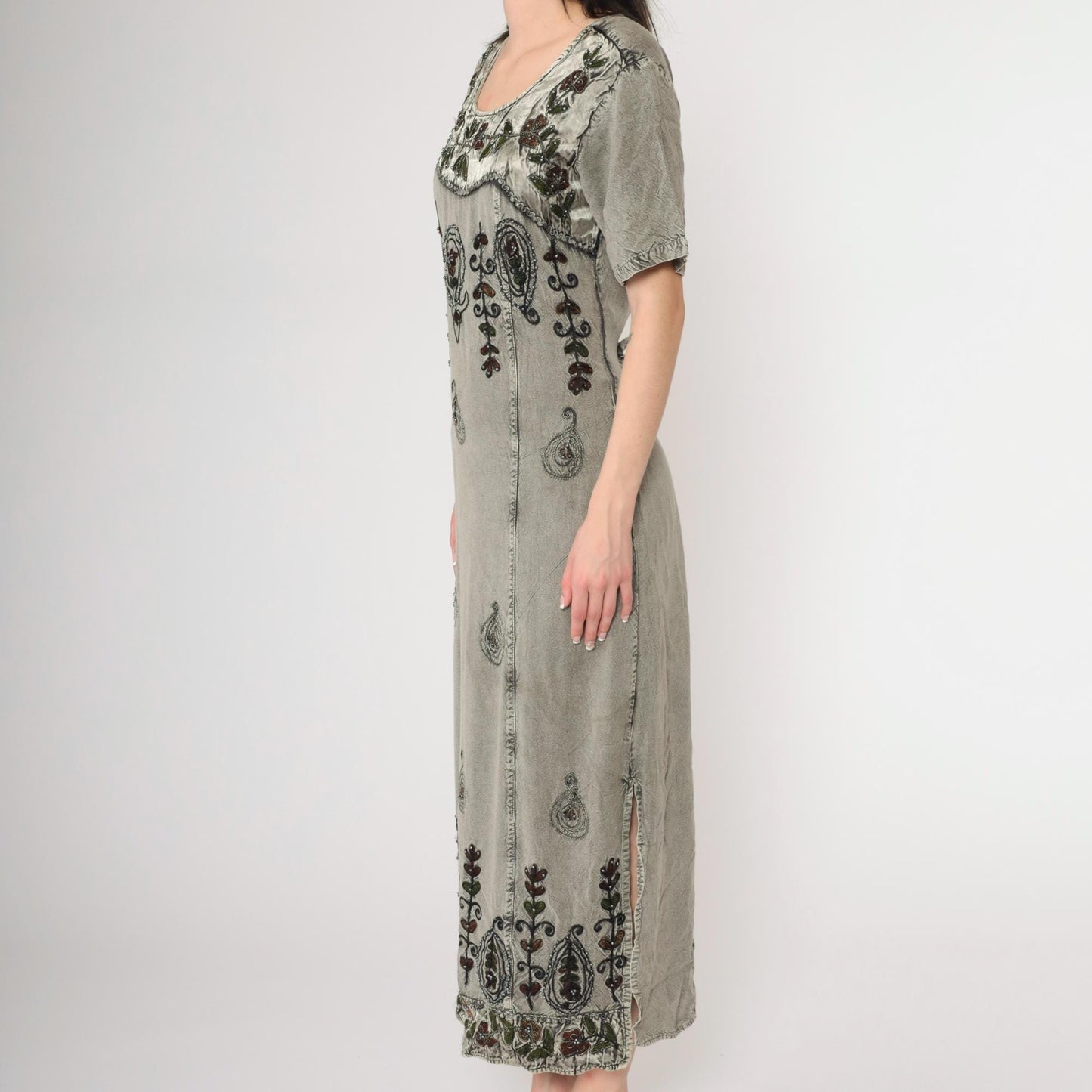 Y2K MPH Indian Embroidered Maxi Dress Grey Beaded Floral Short Sleeve Medium