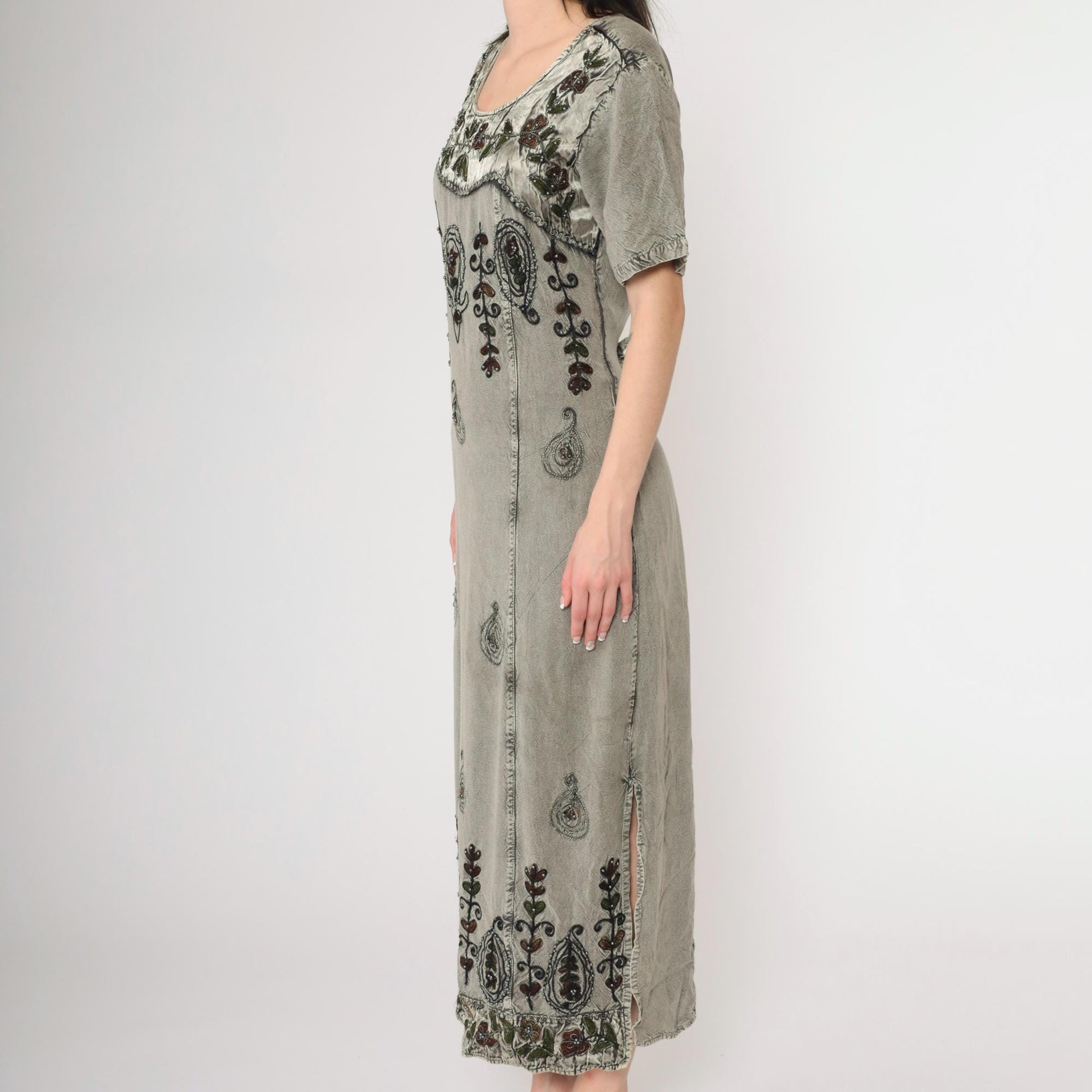 Y2K MPH Indian Embroidered Maxi Dress Grey Beaded Floral Short Sleeve Medium