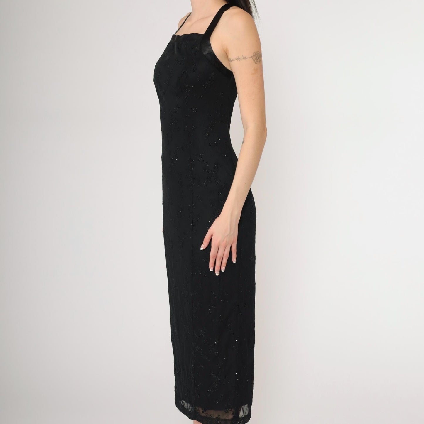 90s Black Flocked Velvet Midi Dress Criss-Cross Satin Straps Y2K Extra Small