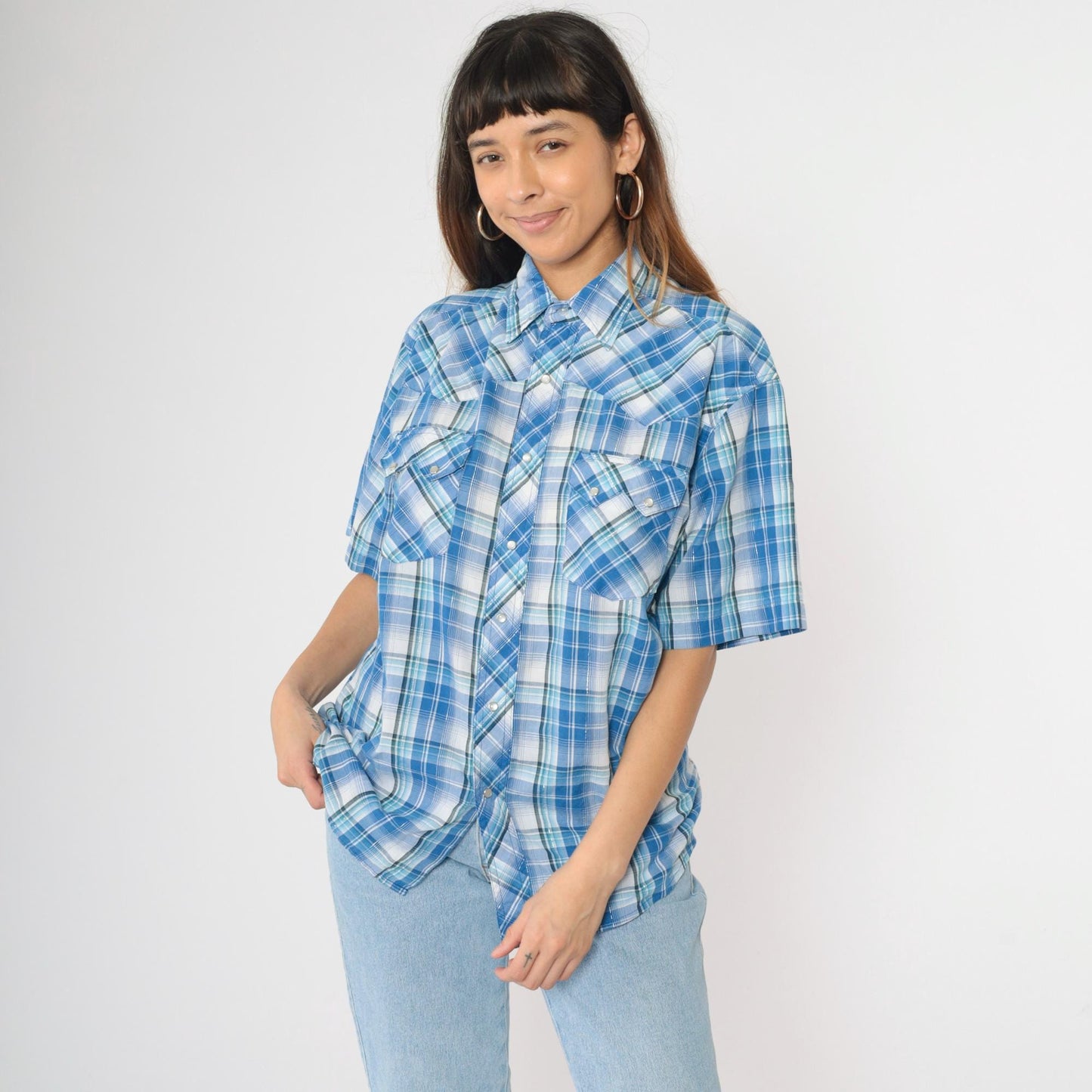 90s Rustler by Wrangler Western Shirt Blue Plaid Pearl Snap Metallic Large
