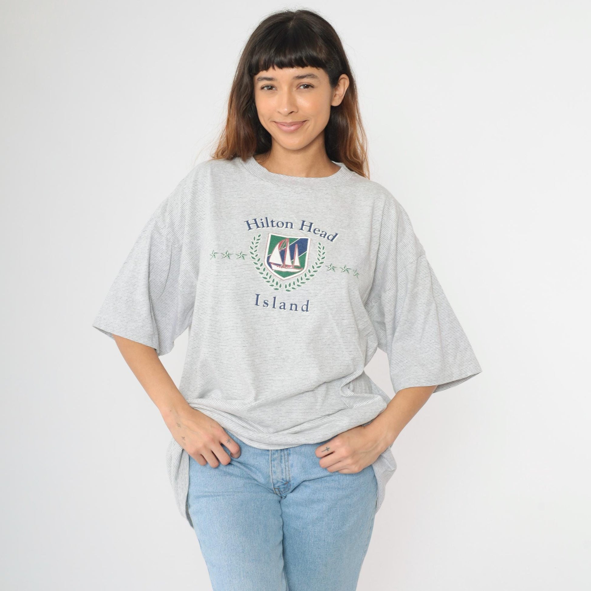 90s Hilton Head Island Sailboat Graphic T-Shirt Grey Striped Crewneck XXL