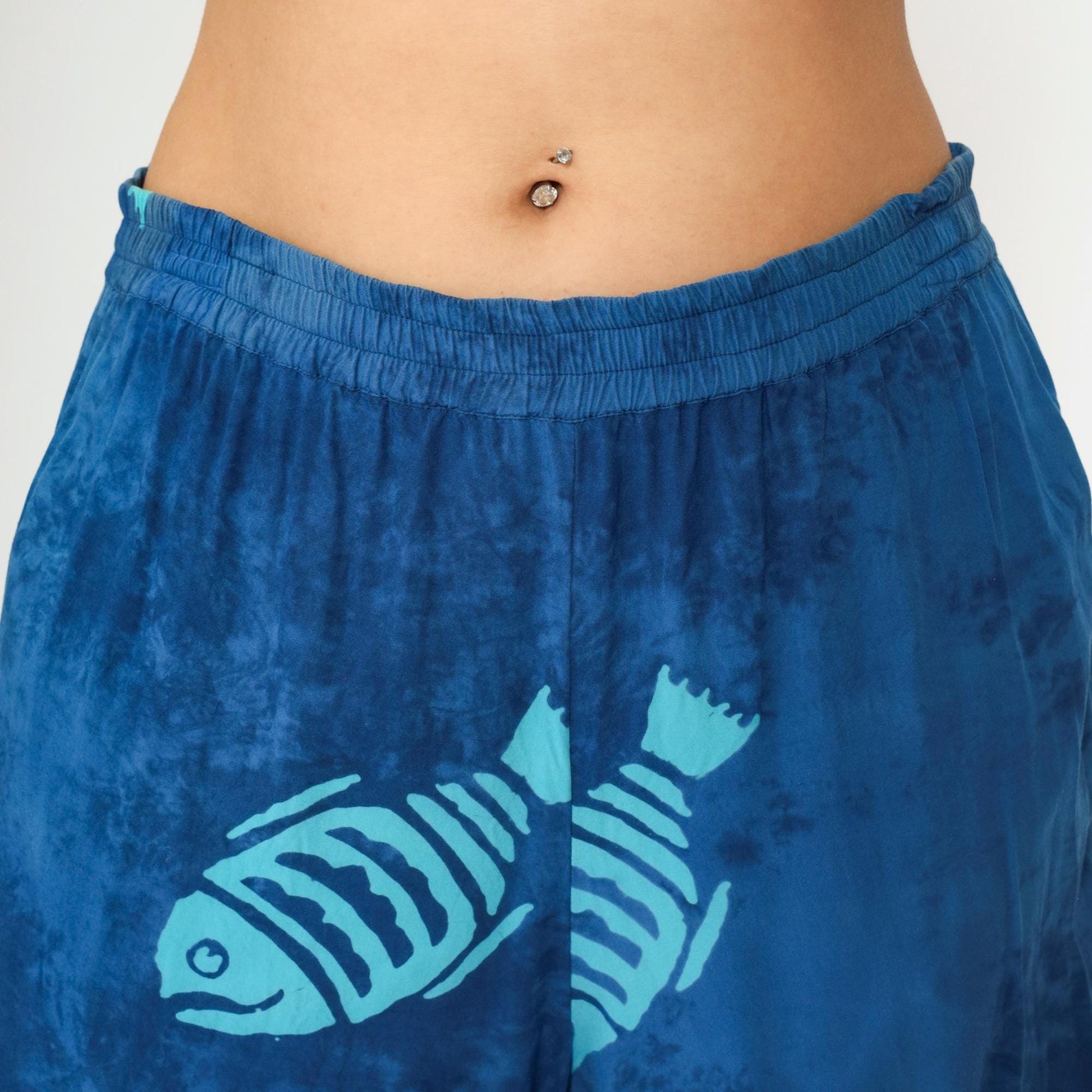 Y2K Blue Tie Dye Fish Print Shorts Elastic Waist Rayon Medium M