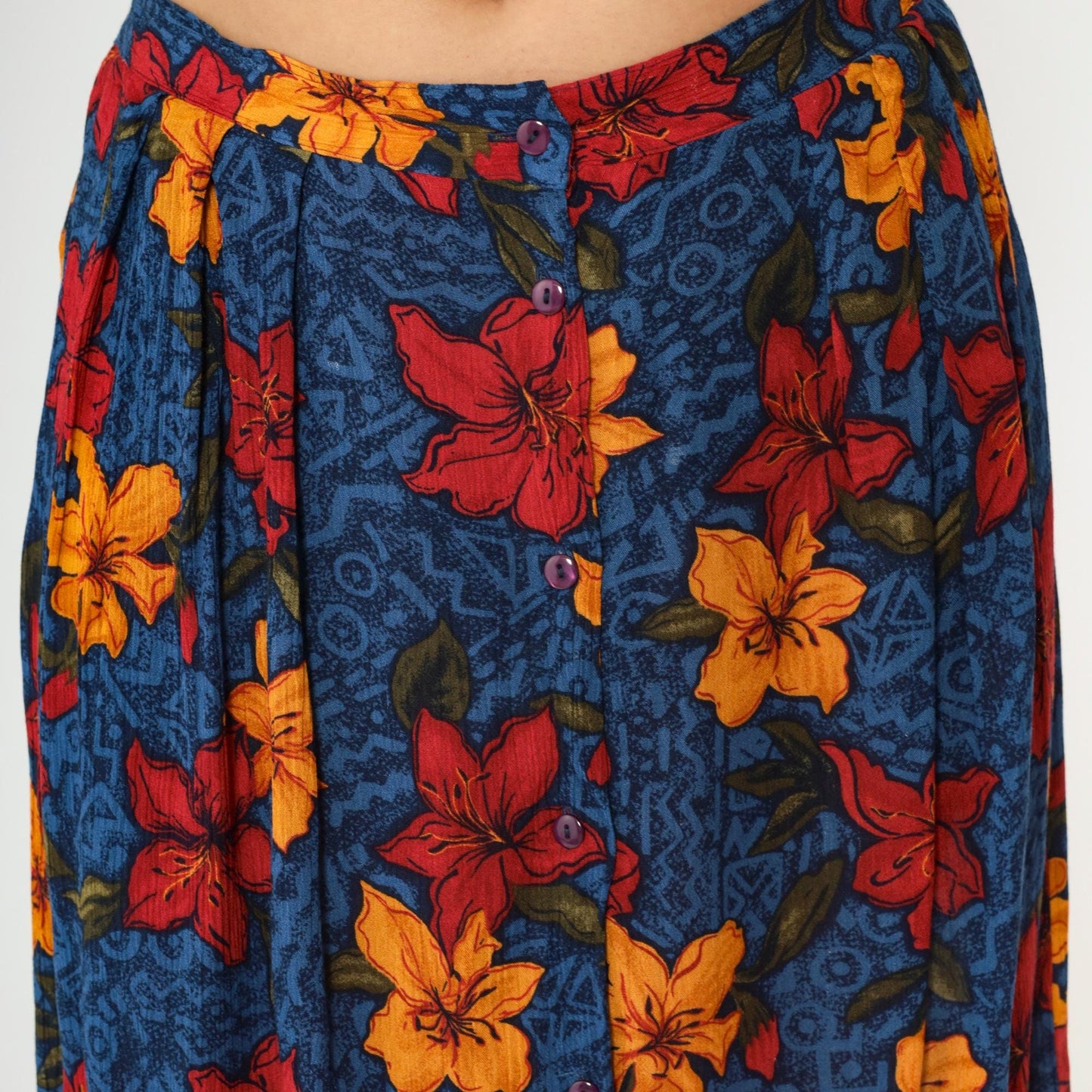 90s Maggie Lawrence Tropical Floral Midi Skirt High Waist Button Up Large L