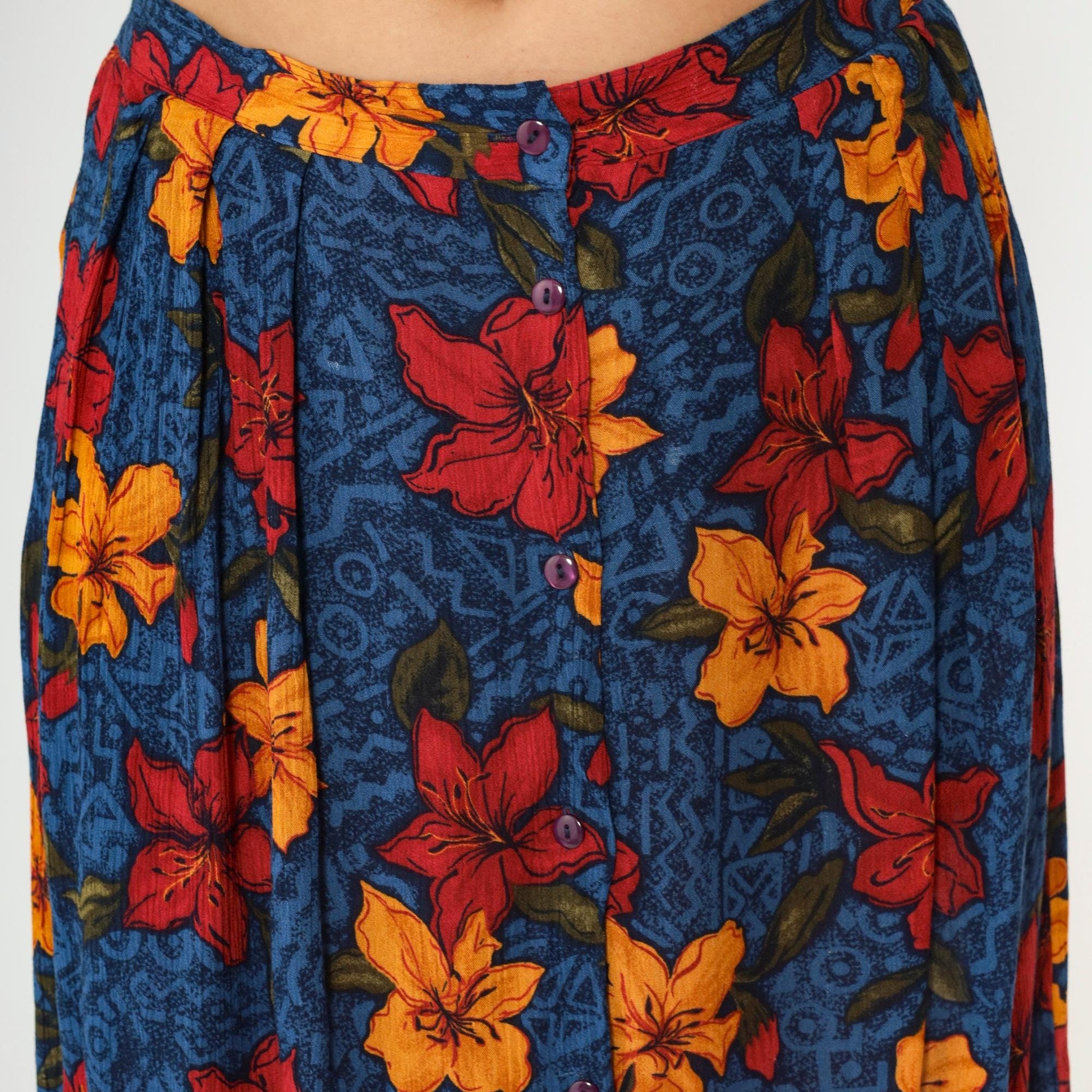 90s Maggie Lawrence Tropical Floral Midi Skirt High Waist Button Up Large L