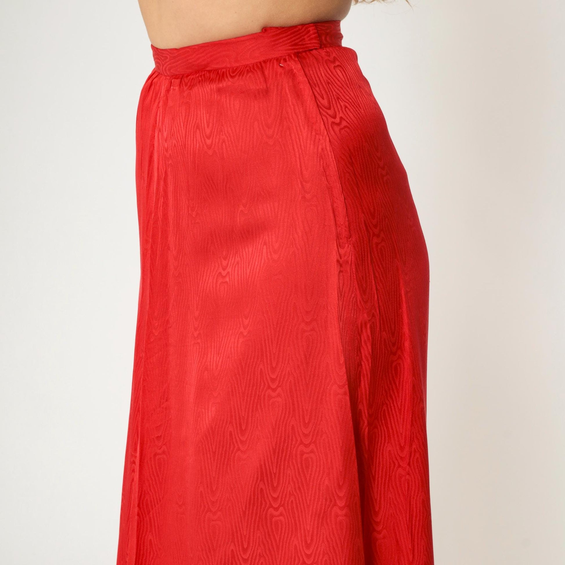 90s Red Moiré Satin Maxi Skirt High Waist A-Line Bias Cut Small