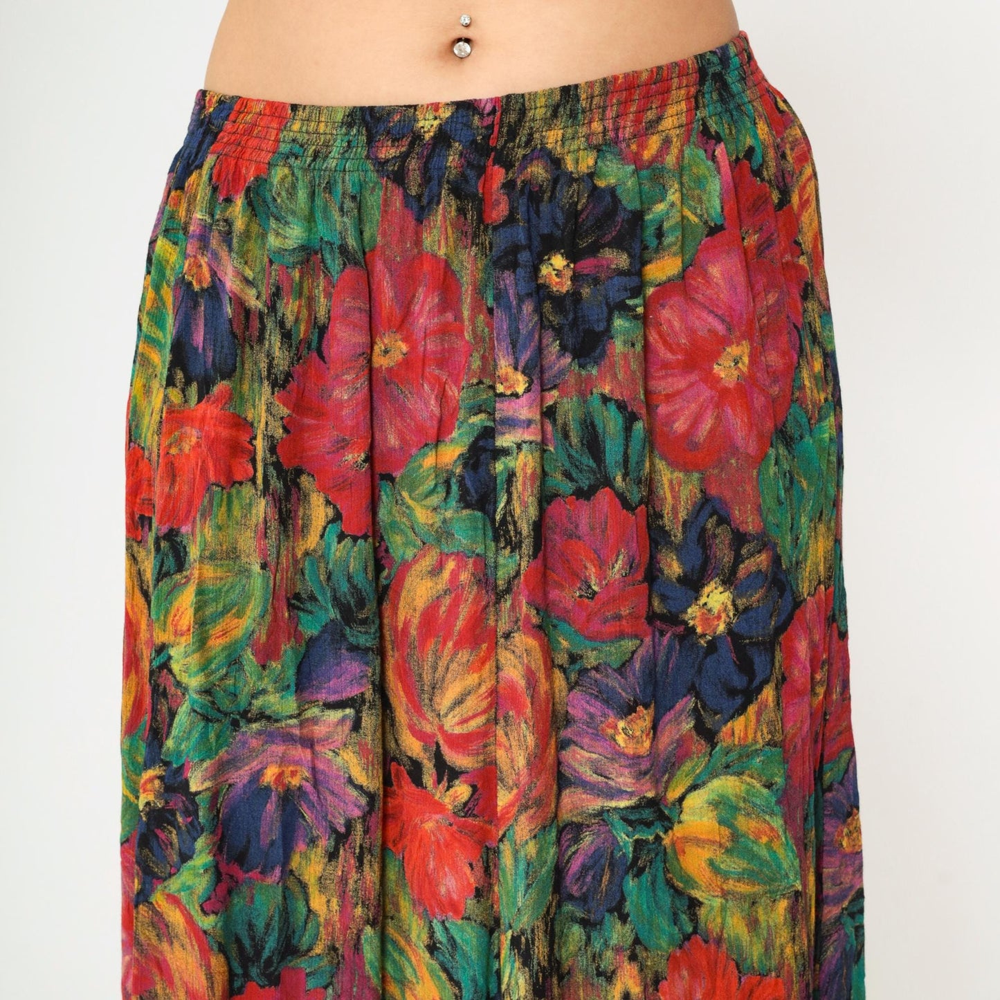 90s Floral Midi Skirt Watercolor Print High Elastic Waist Multicolor Large
