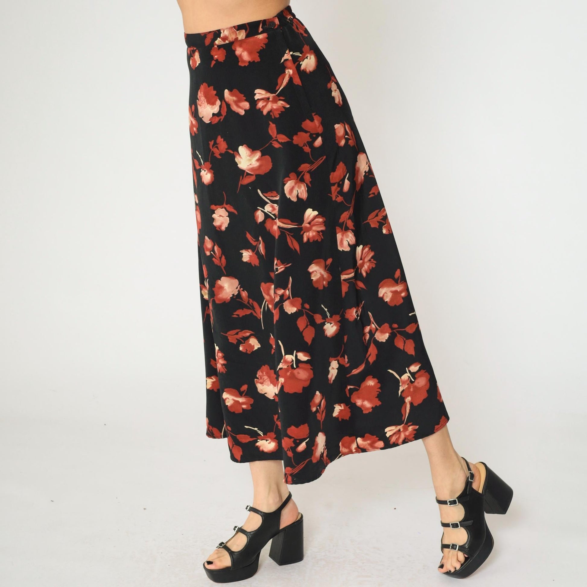 90s Black Floral A-Line Maxi Skirt High Waisted Rust Orange Small