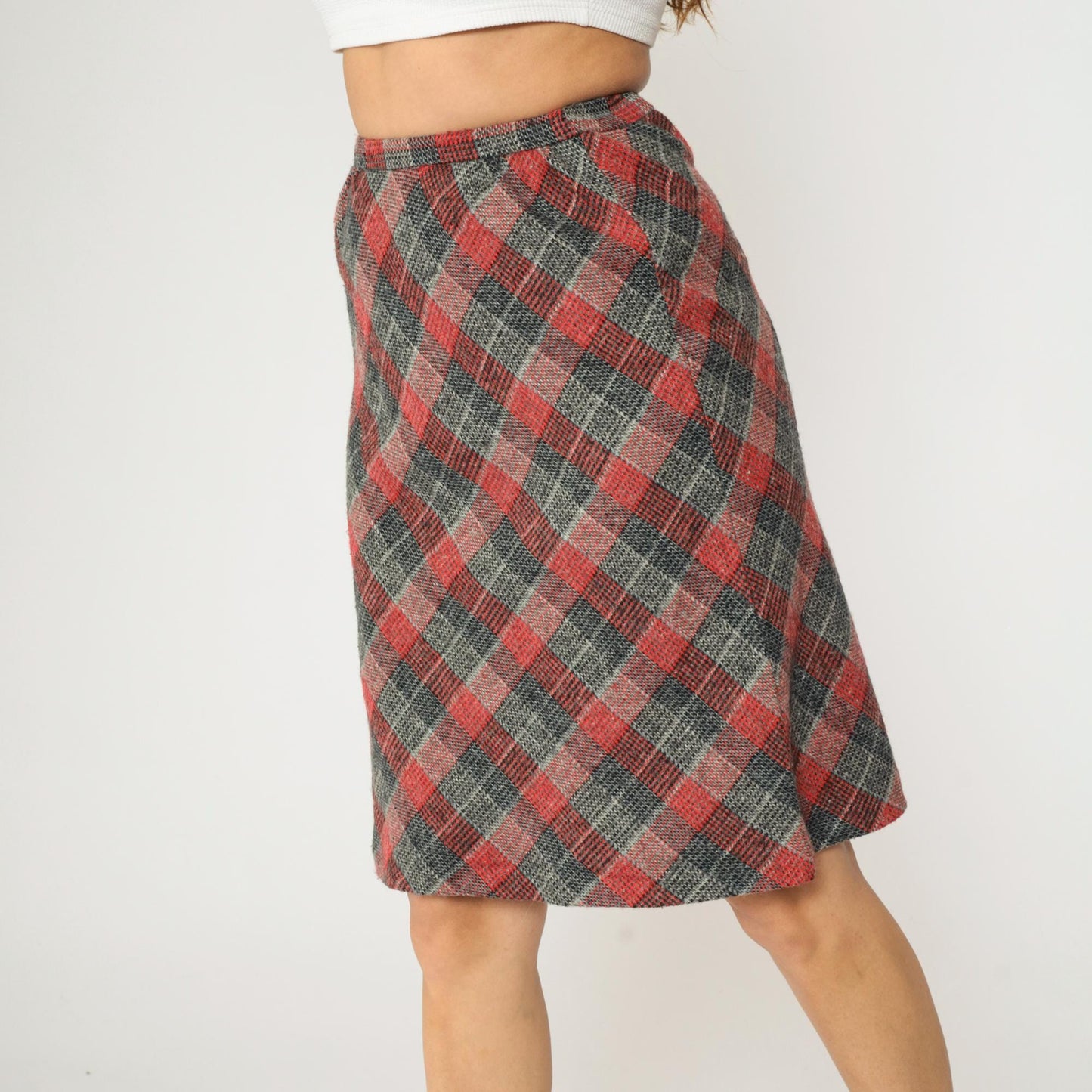 80s Checkered Skirt Grey Red High Waisted Straight Knee Length Extra Small